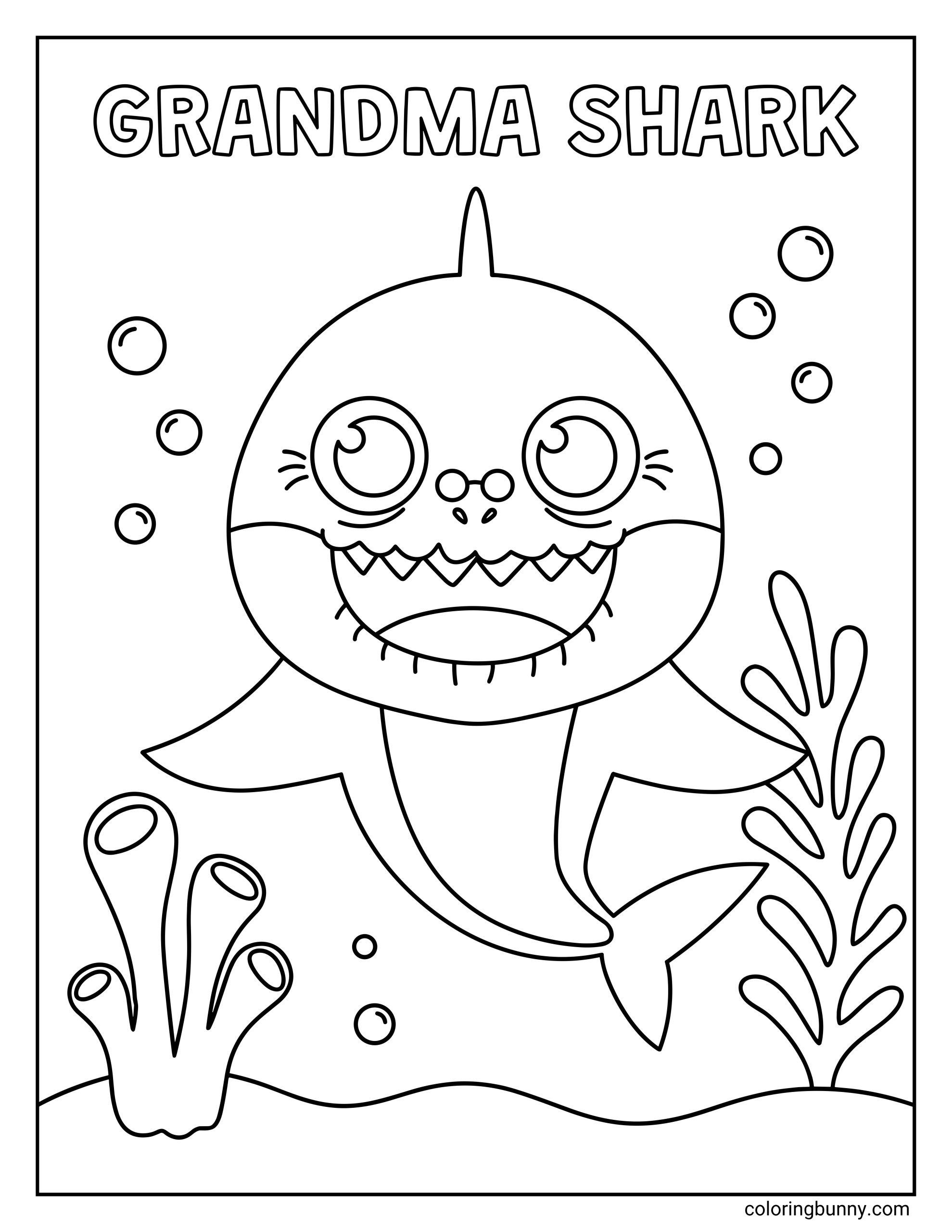 Baby Shark Grandma Shark coloring page showing Grandma Shark centered in an underwater scene, with round glasses, bubbles, sea plants, and the words “GRANDMA SHARK” at the top.
