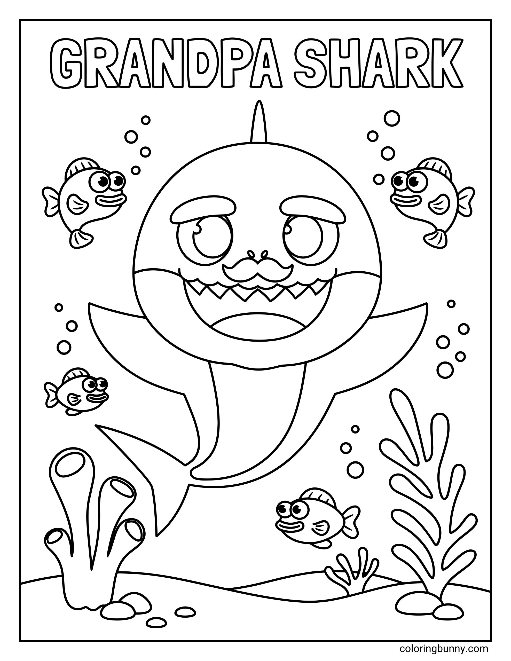 A coloring page of Grandpa Shark from Baby Shark swimming above the seabed, with a large mustache, raised fins, several small fish around him, bubbles, coral, and seaweed.