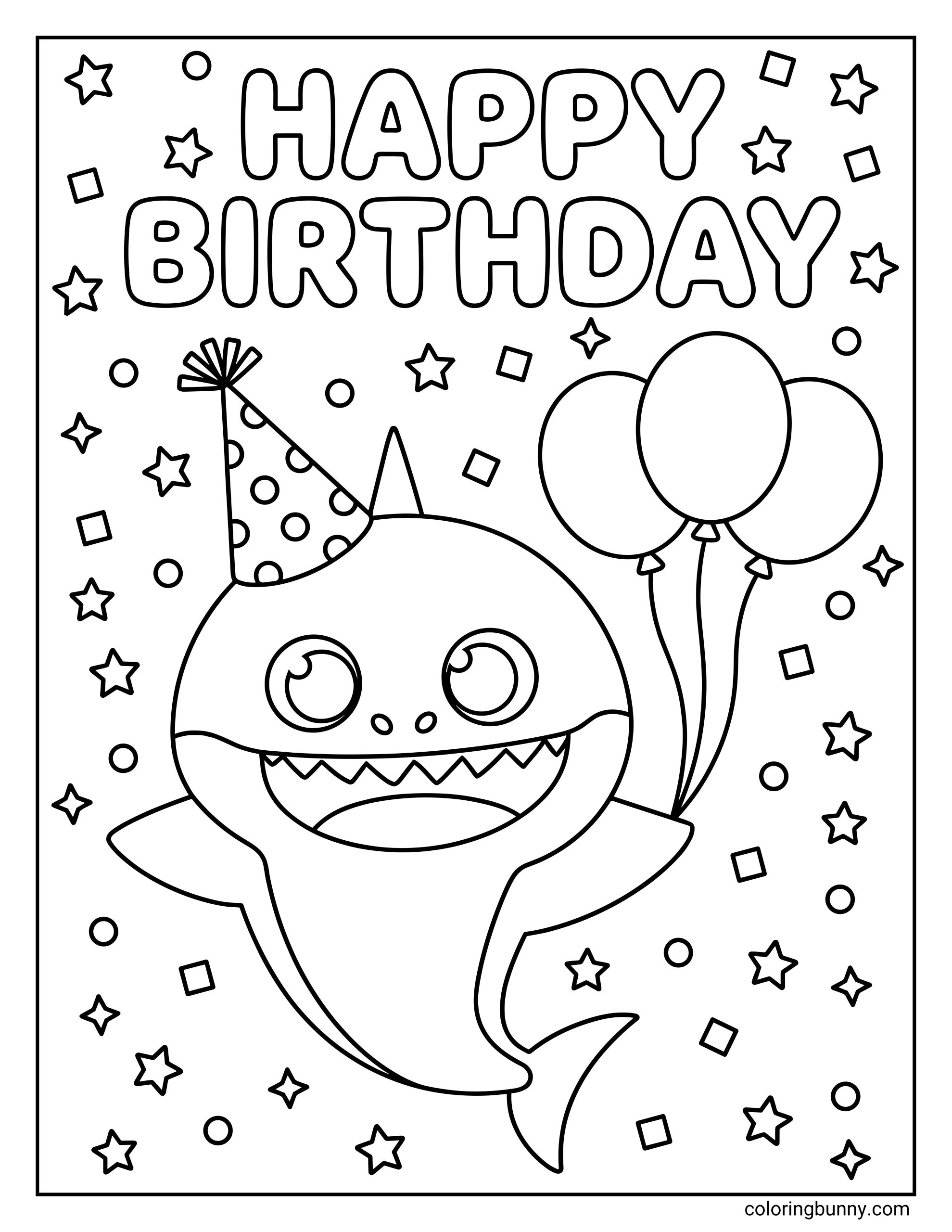 A kids coloring page of Baby Shark in a birthday-themed design, with a large smile, pointed teeth, a party hat, three balloons, and “HAPPY BIRTHDAY” across the top.