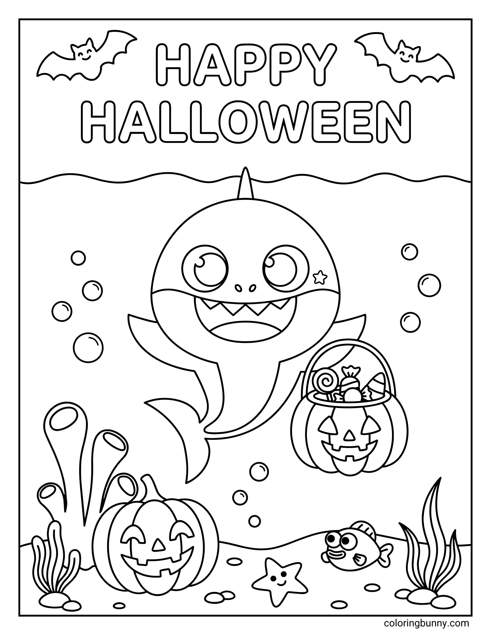 Baby Shark Happy Halloween coloring page showing Baby Shark underwater with a pumpkin candy bucket, jack-o’-lanterns, bubbles, a small fish, sea plants, bats, and the words “HAPPY HALLOWEEN” at the top.