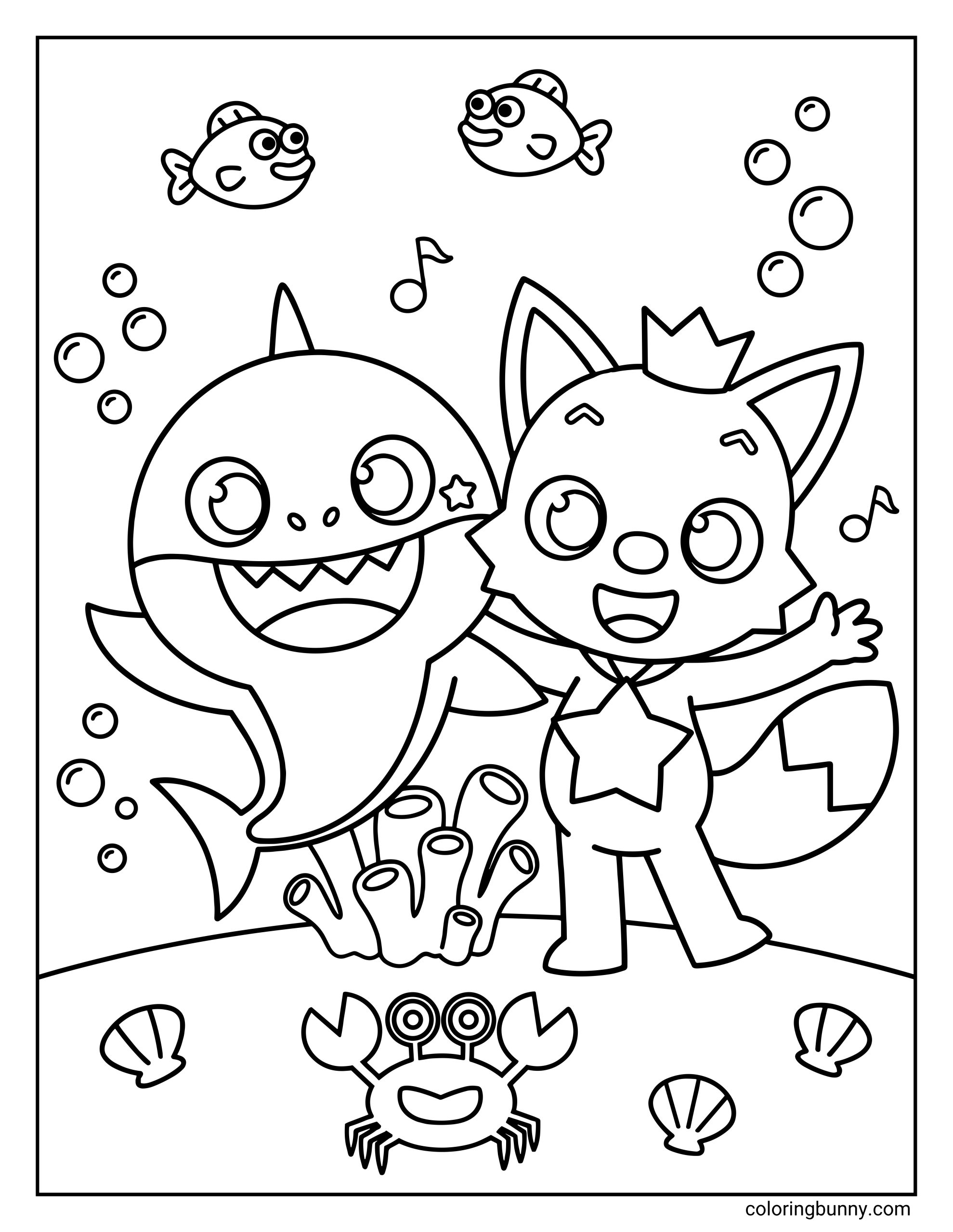 Baby Shark and Pinkfong coloring page showing Baby Shark and Pinkfong standing together underwater, with small fish, bubbles, music notes, coral, a crab, and seashells around them.