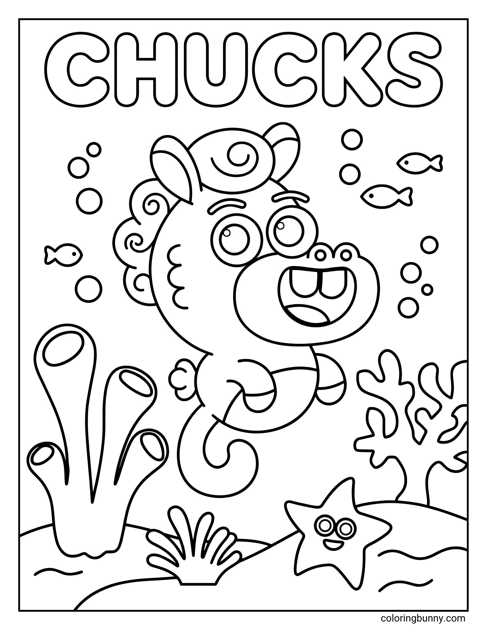 Baby Shark character Chucks coloring page showing Chucks in the center of an underwater scene, with curly hair, bubbles, small fish, coral, a starfish, and the word “CHUCKS” at the top.