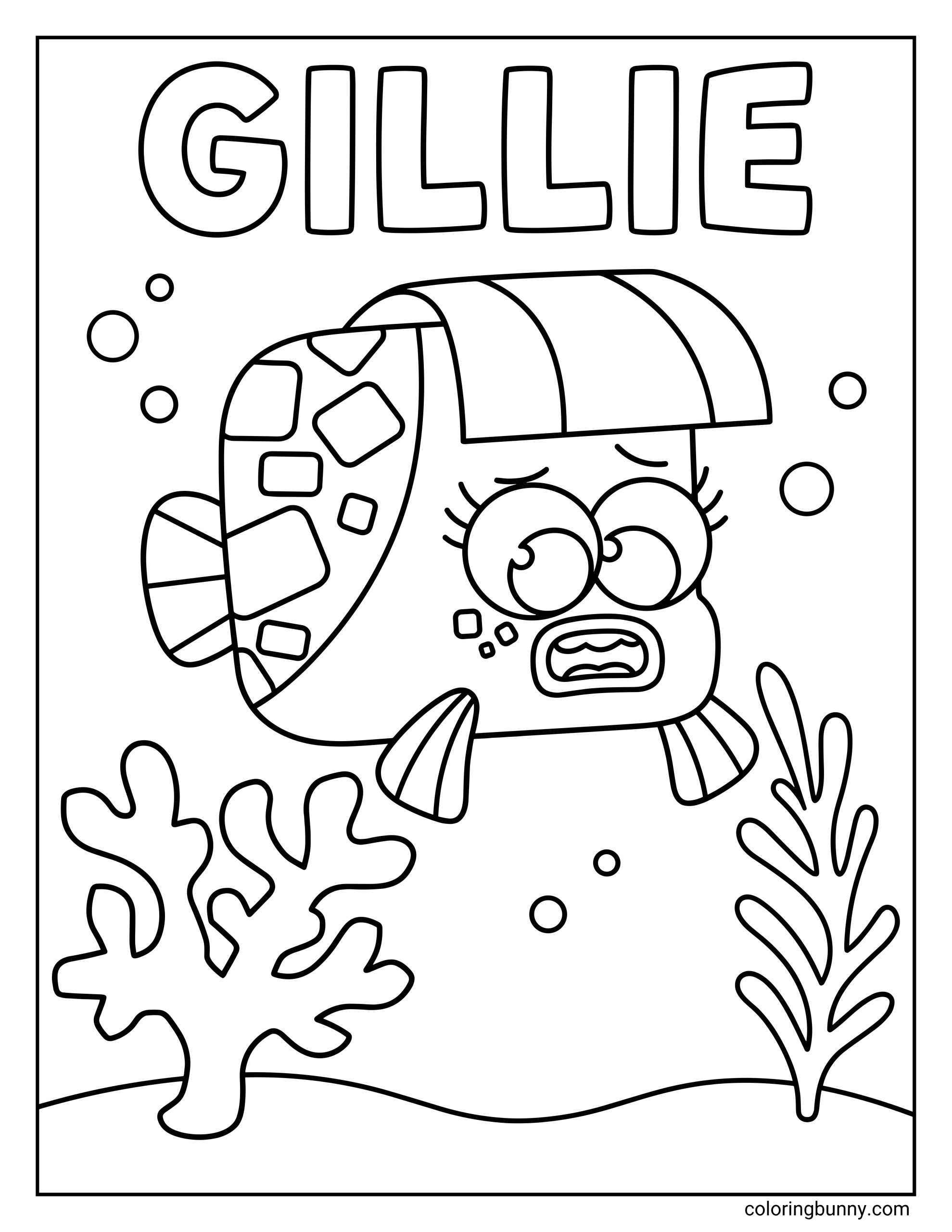 Baby Shark character Gillie coloring page showing Gillie in an underwater scene, with a striped top fin, patch-like body markings, large eyes, bubbles, coral, sea plants, and the word “GILLIE” at the top.