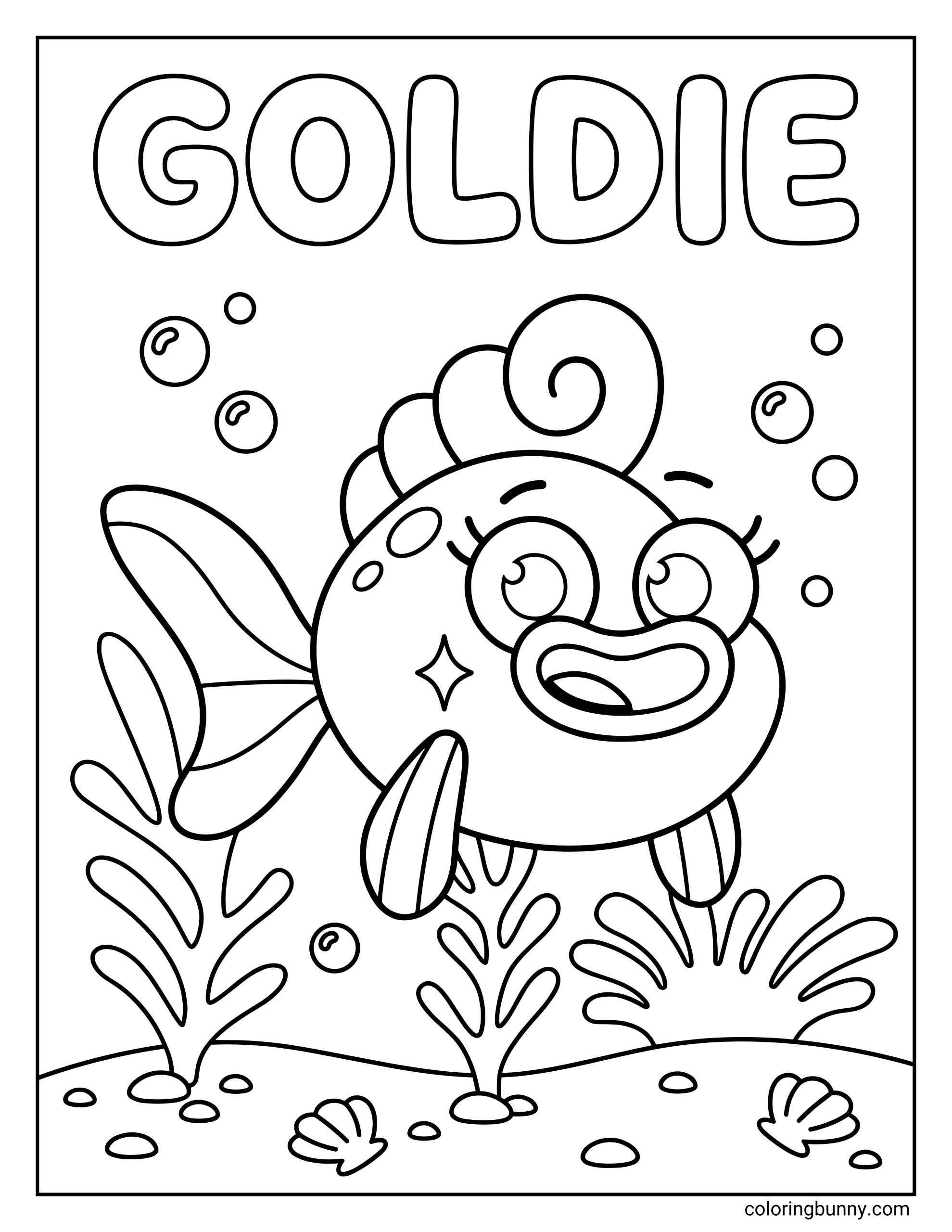 A simple coloring sheet of the Baby Shark character Goldie with big eyes, a smiling mouth, side fins, a curled top fin, and underwater plants and bubbles around her.