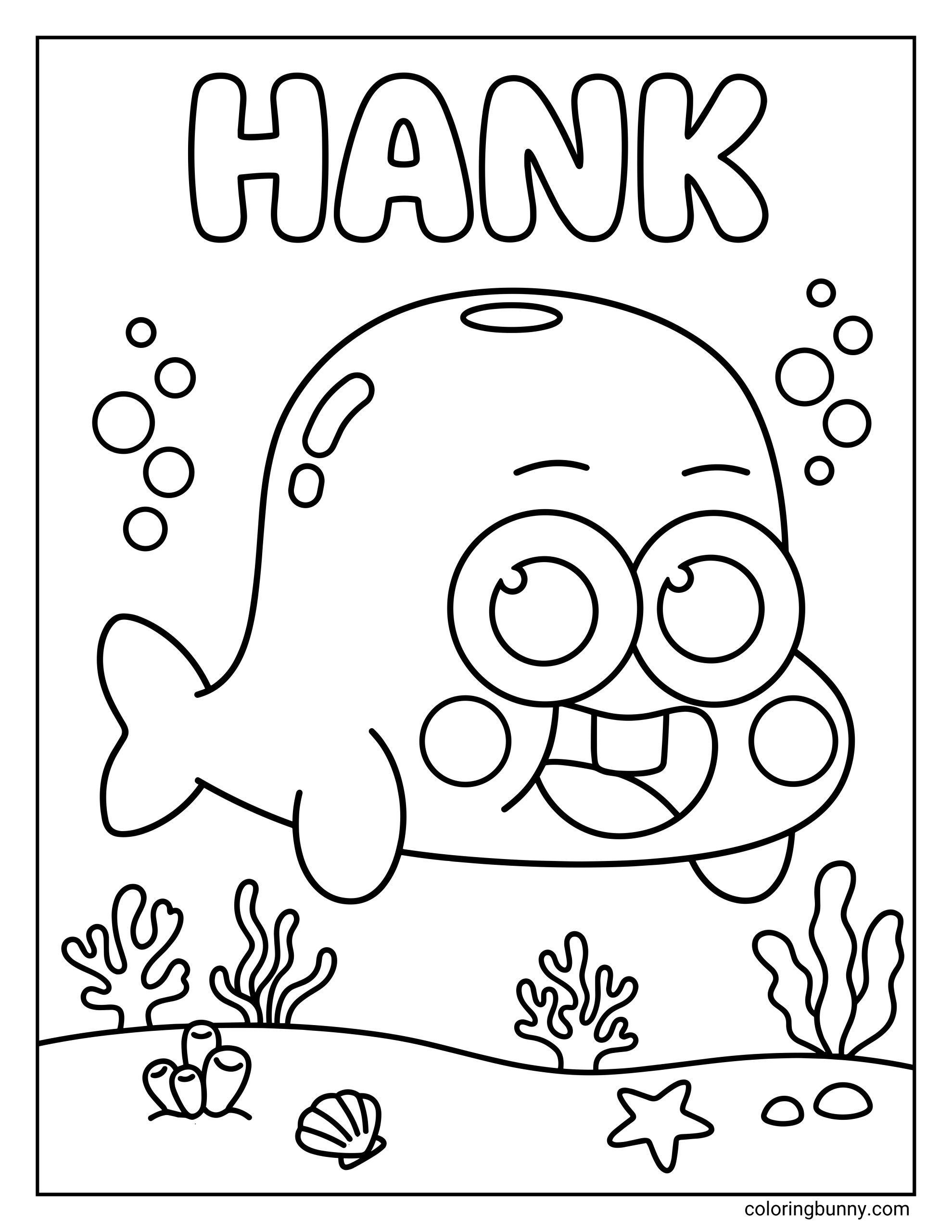 A coloring page of Hank from Baby Shark floating above the seabed, with large round eyes, rosy cheeks, two front teeth, bubbles, sea plants, coral, a shell, and a starfish.
