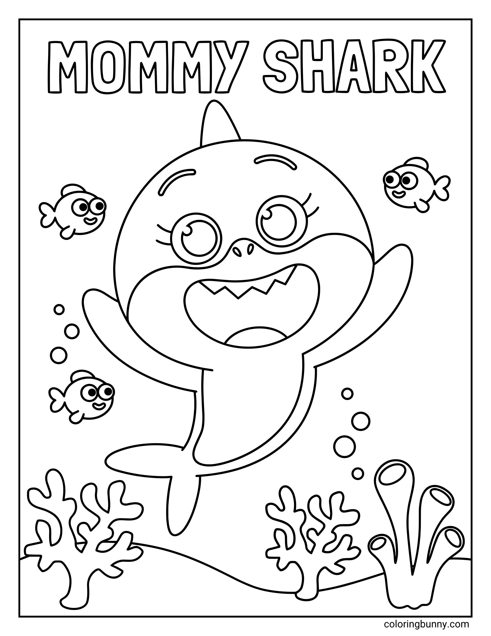 A coloring page of Mommy Shark from Baby Shark swimming underwater with a wide smile, long eyelashes, small fish on both sides, bubbles, coral, and sea plants in black-and-white line art.
