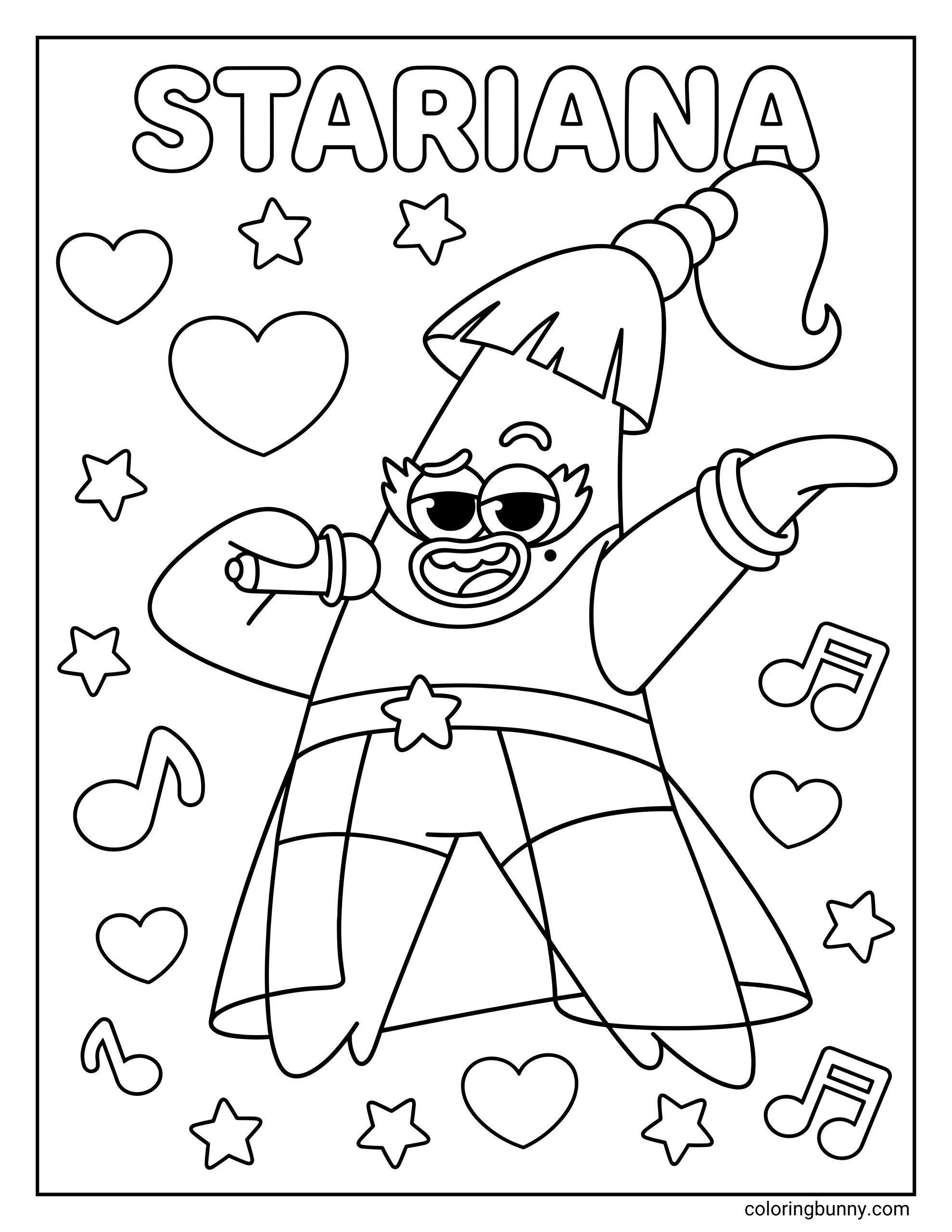 Baby Shark character Stariana coloring page showing Stariana in an underwater scene, with a cheerful face, star-themed details, bubbles, sea plants, and the name “STARIANA” at the top.