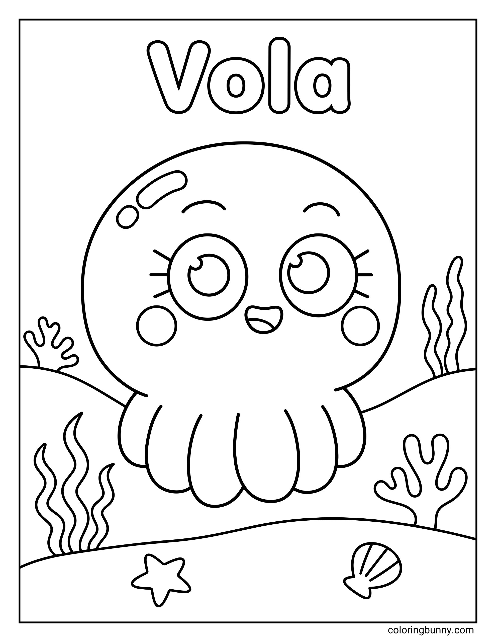 A simple coloring sheet of the Baby Shark character Vola with a round head, short jellyfish tentacles, wide eyes, and a smiling face, surrounded by underwater plants and small seabed details.