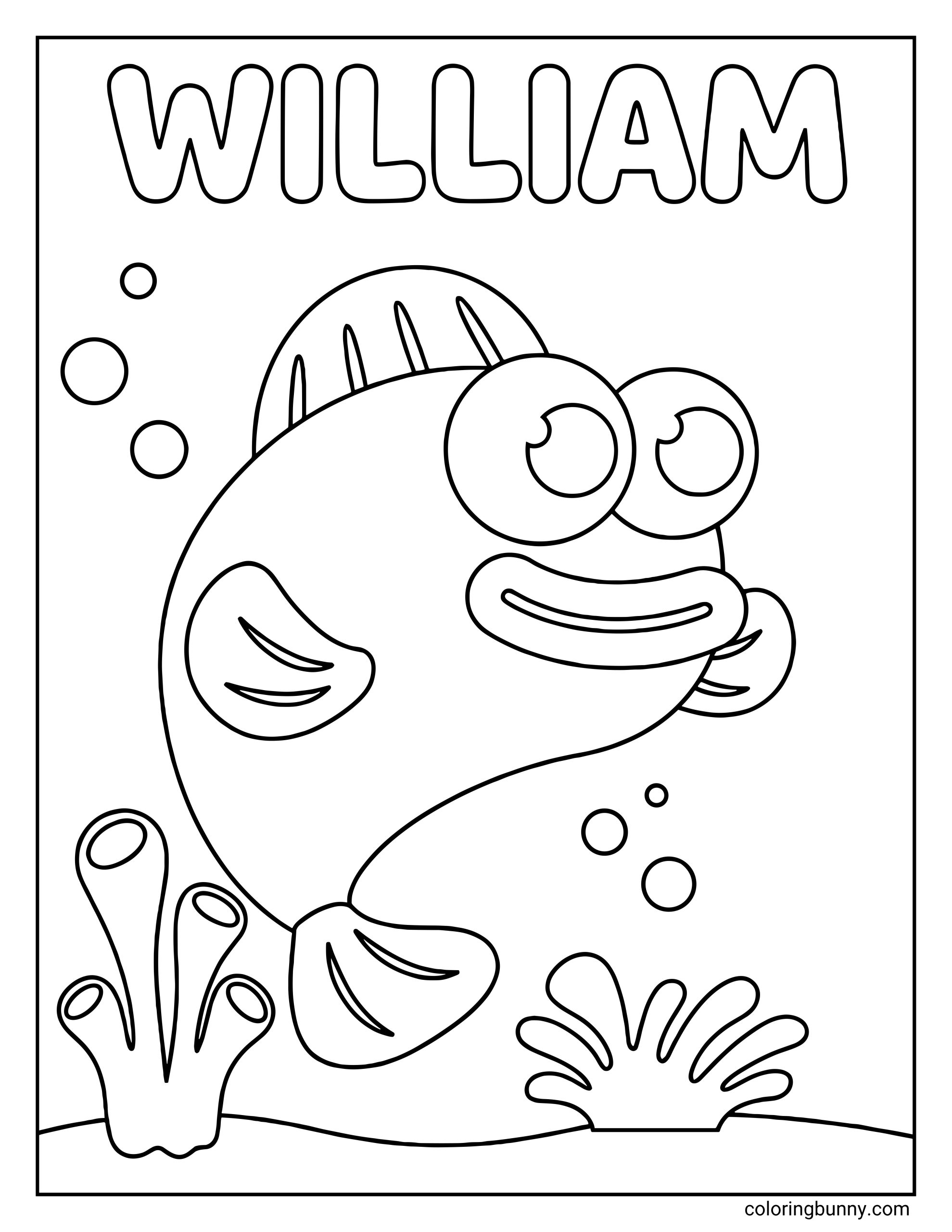 Baby Shark character William coloring page showing William in an underwater scene, with large round eyes, bubbles, sea plants, and the word “WILLIAM” at the top.