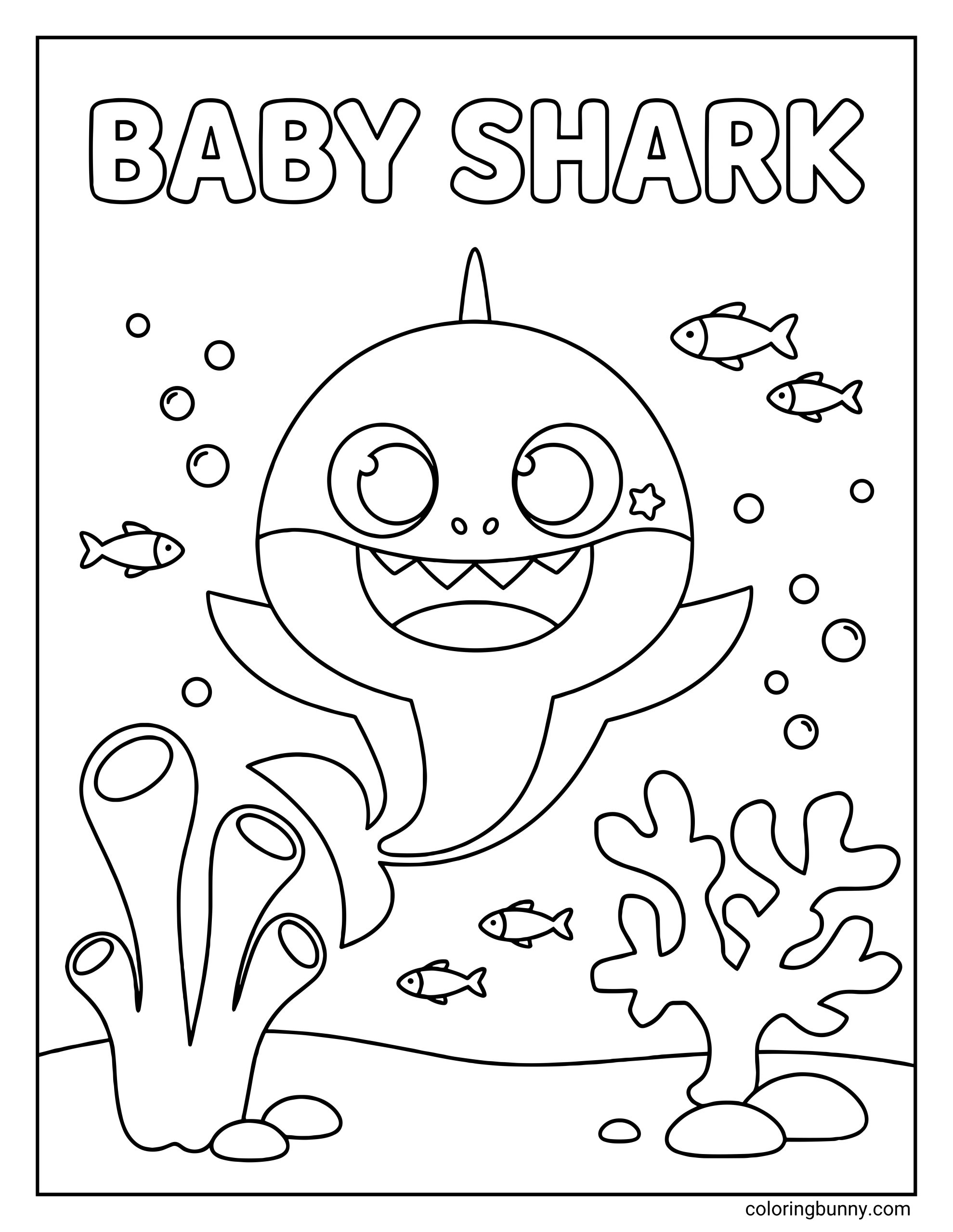 A coloring page of Baby Shark swimming underwater, surrounded by small fish, bubbles, coral shapes, and rocks.