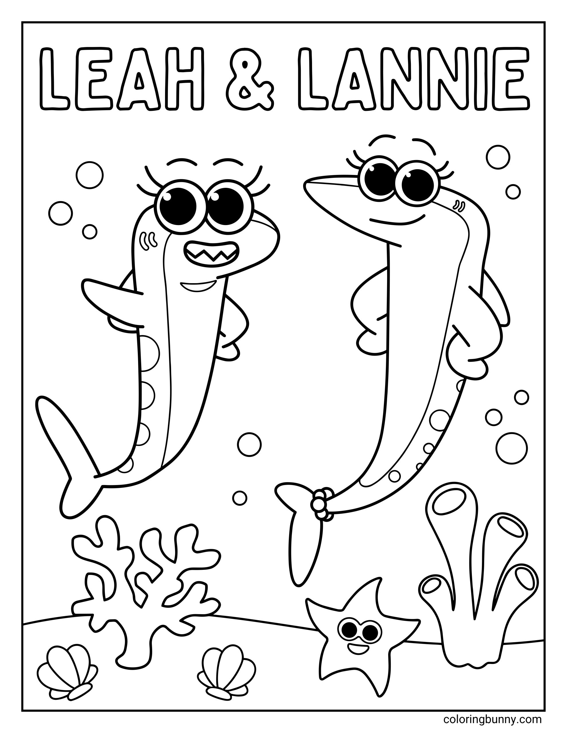 A coloring page of Leah and Lannie from Baby Shark floating side by side in an underwater scene, with large eyes, long bodies, bubbles, coral, shells, a starfish, and sea plants