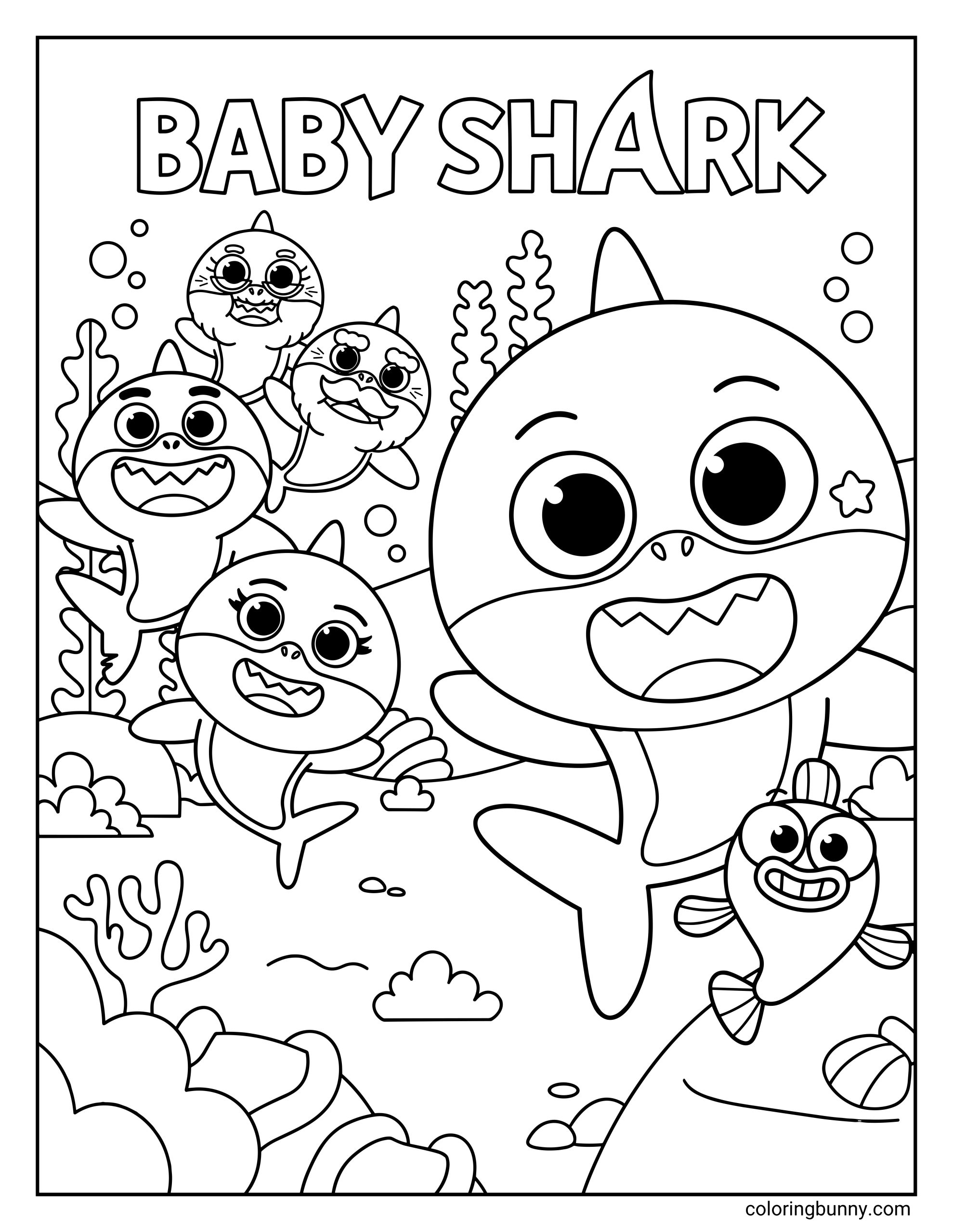 Baby Shark family and William coloring page showing Baby Shark in front with Mommy Shark, Daddy Shark, Grandma Shark, Grandpa Shark, and William in an underwater scene with coral, rocks, bubbles, and the words “BABY SHARK” at the top.