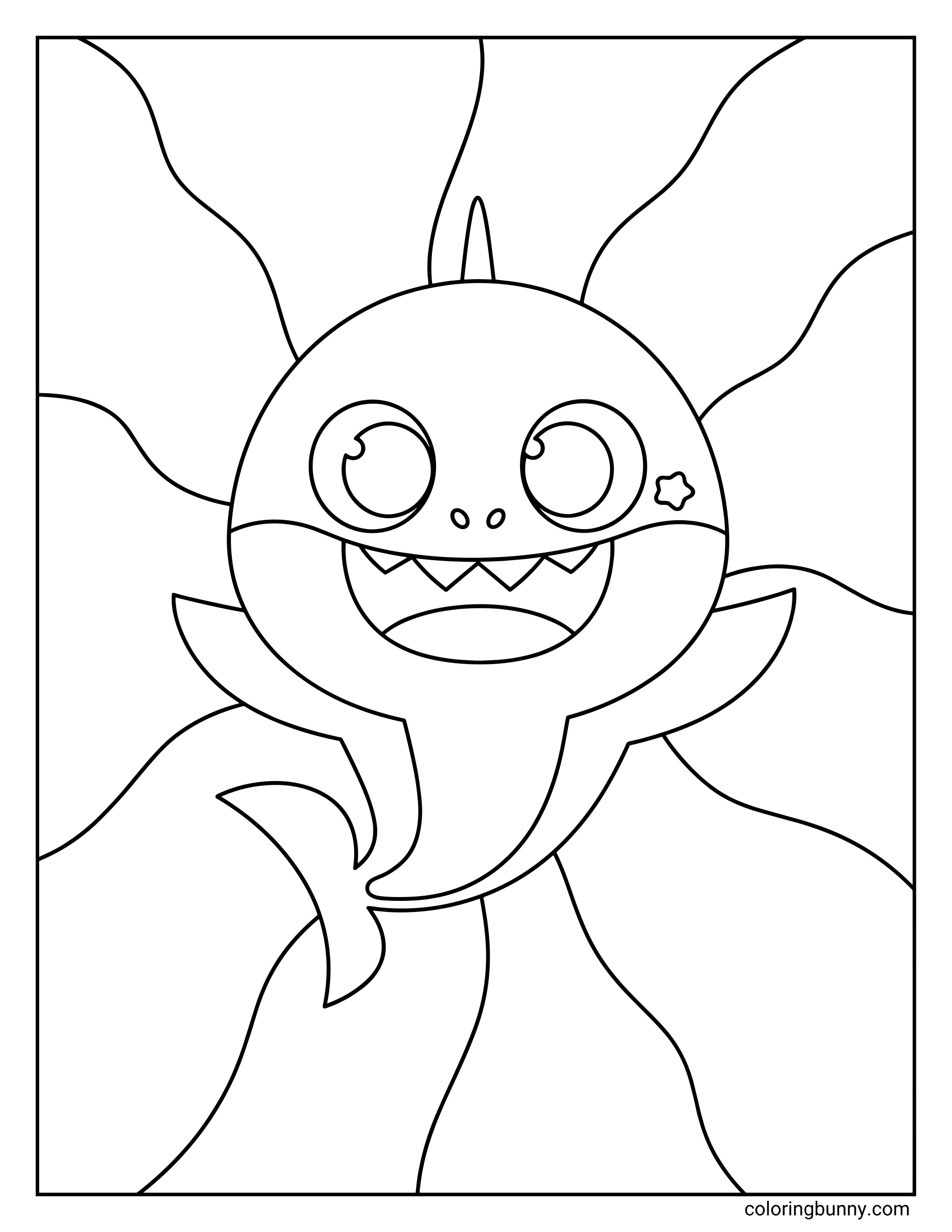 A coloring page of Baby Shark with wide eyes, pointed teeth, and open fins, placed in front of a large abstract background made of flowing curved shapes.