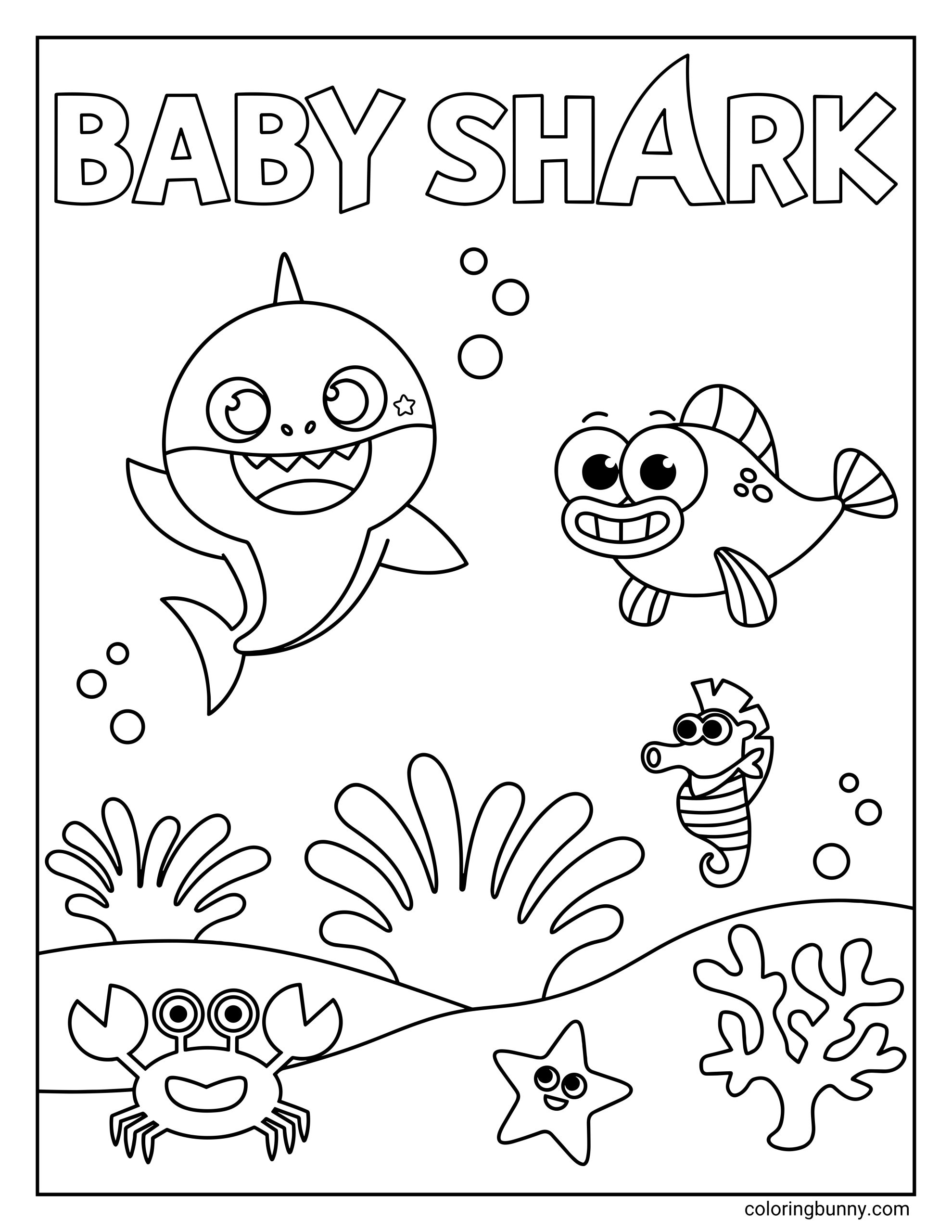 A coloring page of Baby Shark with William in an underwater scene, featuring Baby Shark on the left, William on the right, and ocean details including bubbles, coral, a crab, a starfish, and a seahorse.