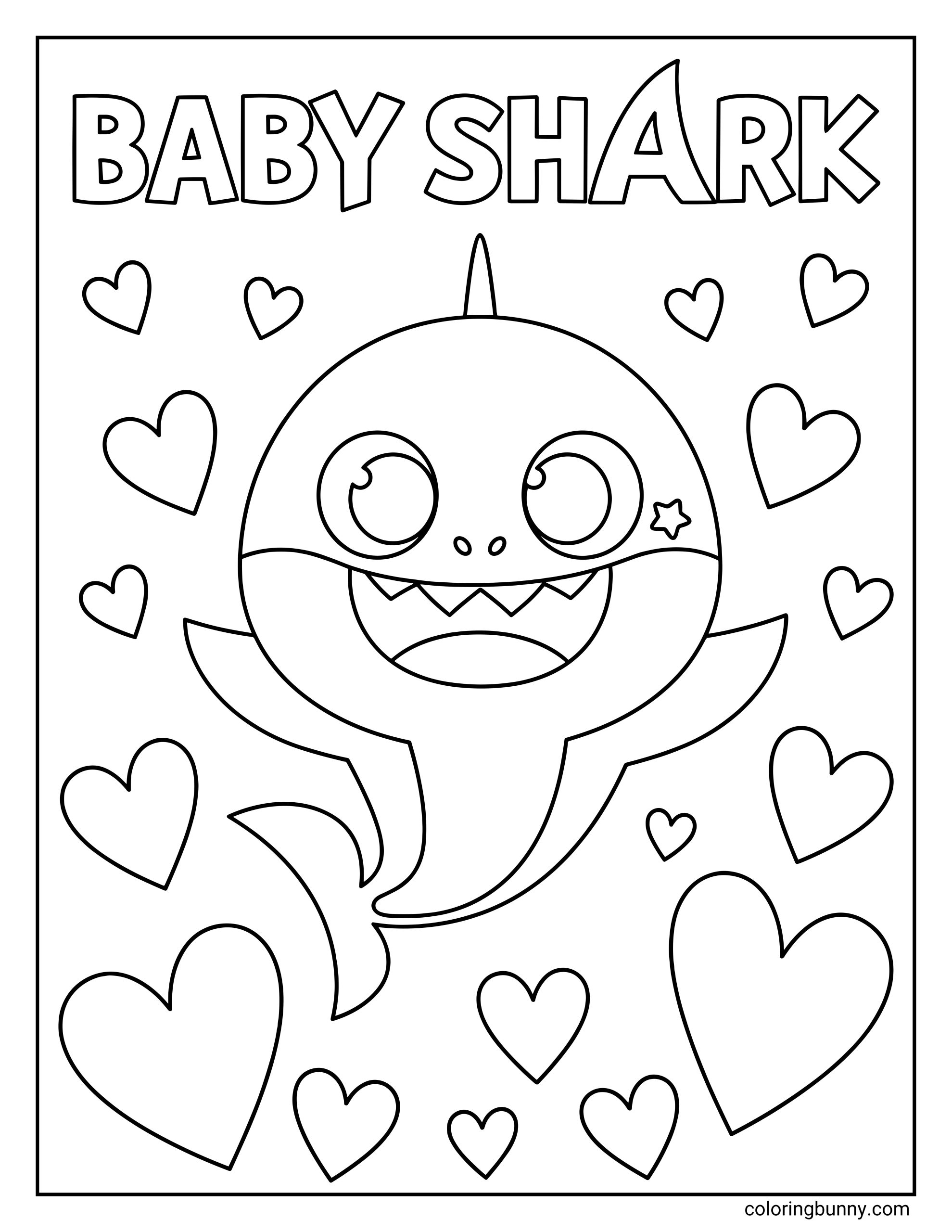 A coloring page of Baby Shark floating among large and small hearts, with a smiling face, star on one cheek, and “BABY SHARK” written across the top in large letters.