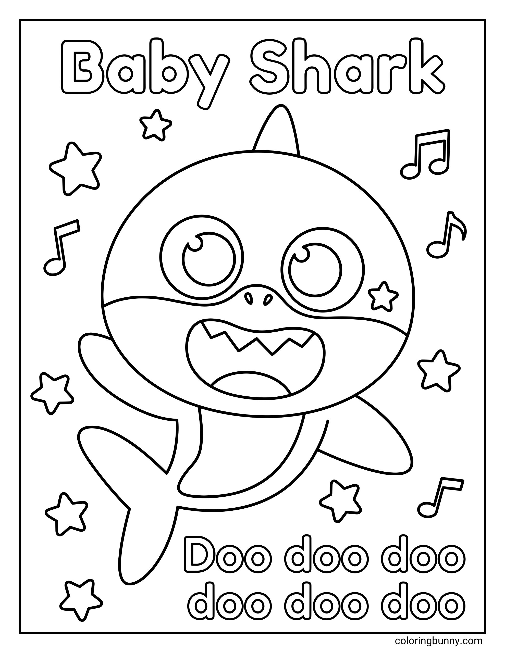 A cute coloring page of Baby Shark with musical notes and stars around the character, featuring a wide open smile, a star on one cheek, and the song words “Doo doo doo doo doo doo” written below.