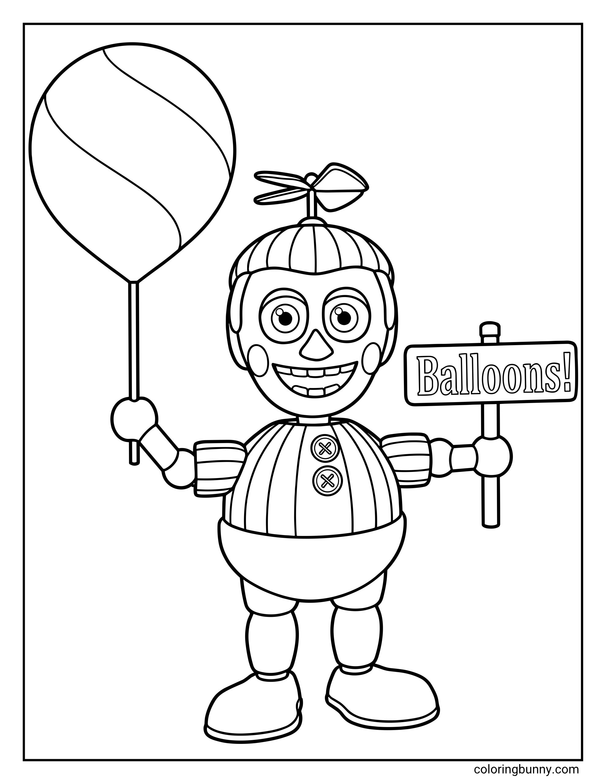 Balloon Boy FNAF coloring page featuring the character with a propeller hat, holding a striped balloon and a sign that says 'Balloons!'."
