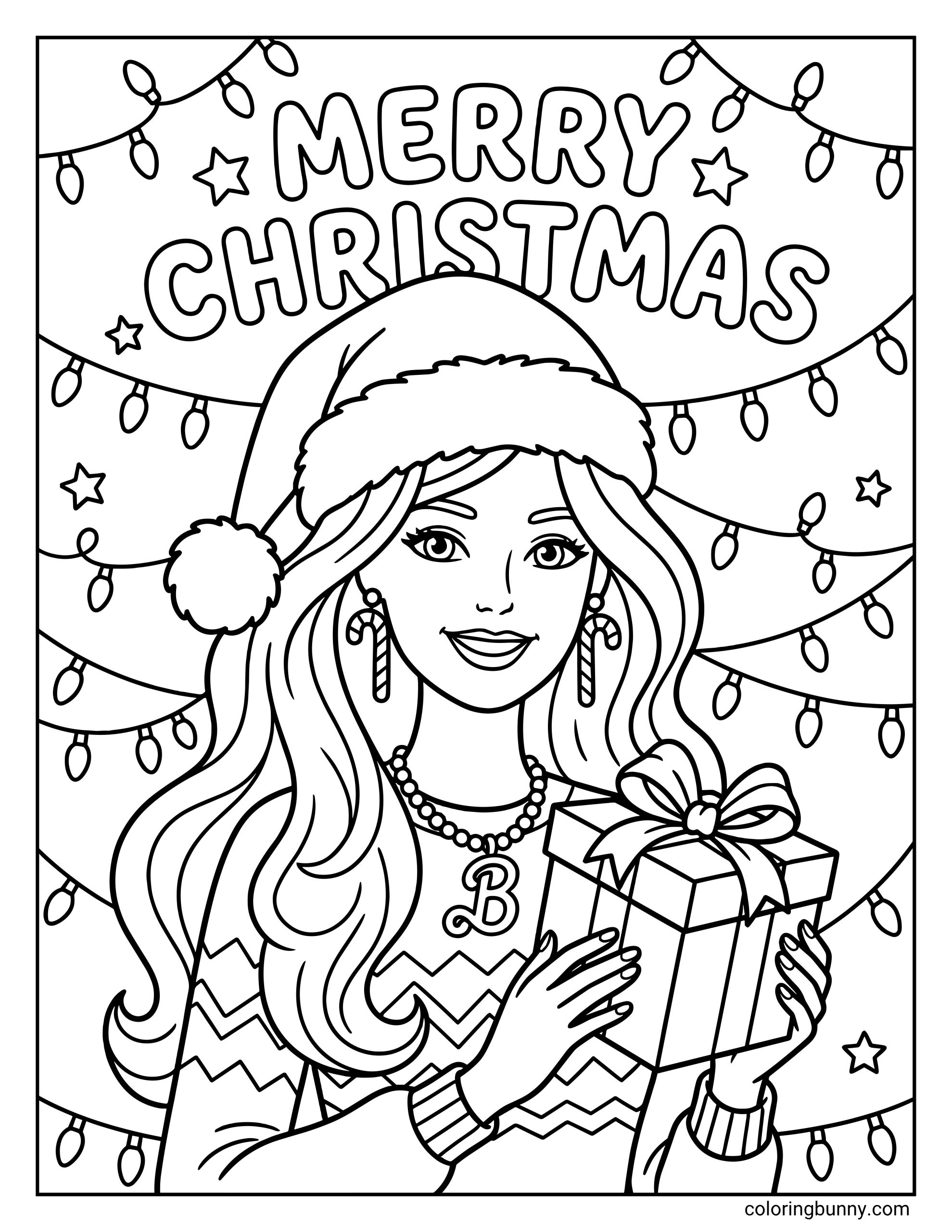 A kids Barbie coloring sheet of Barbie holding a wrapped gift while standing in front of hanging Christmas lights and stars. She is wearing a holiday sweater, a Santa hat, and sweet candy cane earrings, with Merry Christmas written above her.