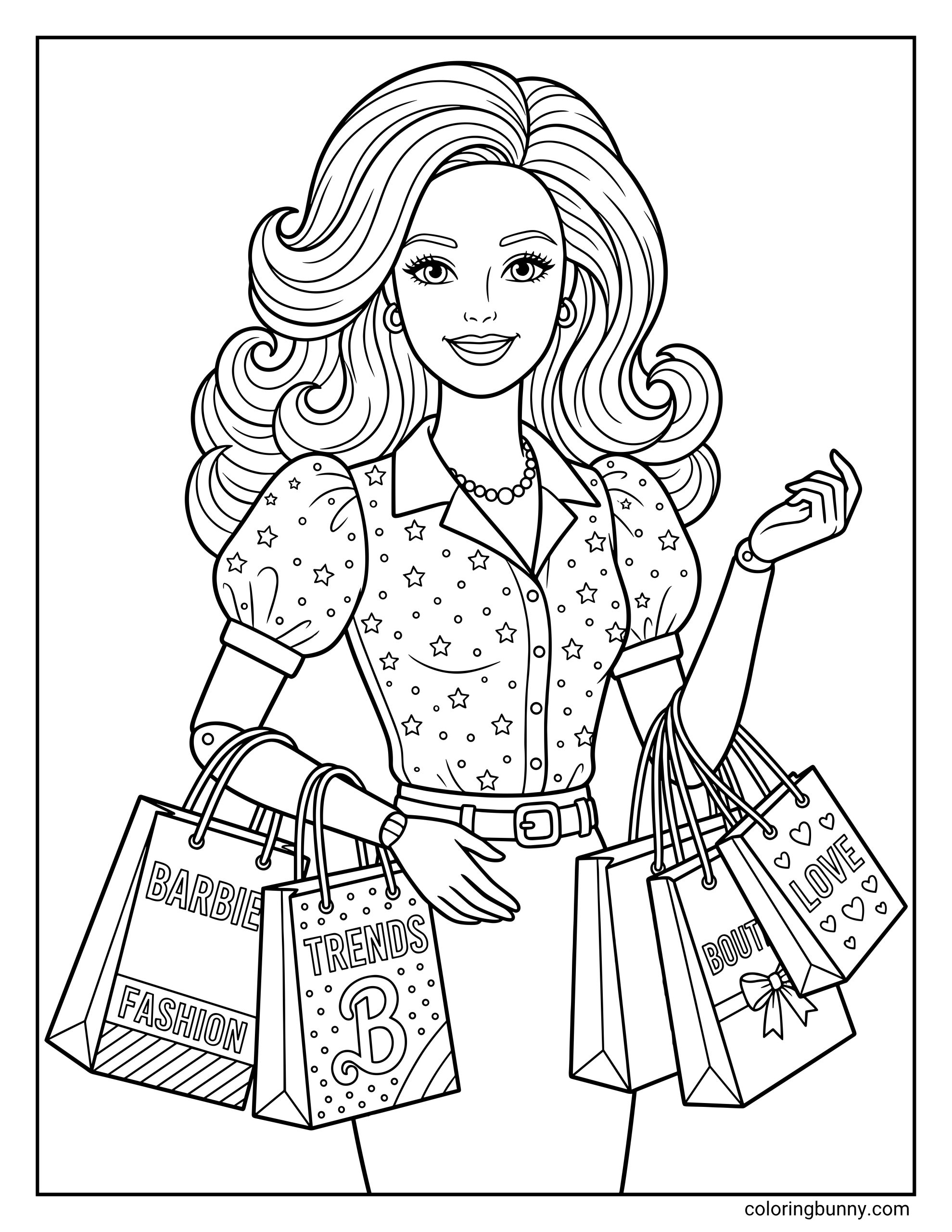 Barbie fashion coloring page featuring the doll with big wavy hair and a star-patterned blouse holding several shopping bags with the words 'BARBIE FASHION', 'TRENDS', 'BOUTIQUE', and 'LOVE'.