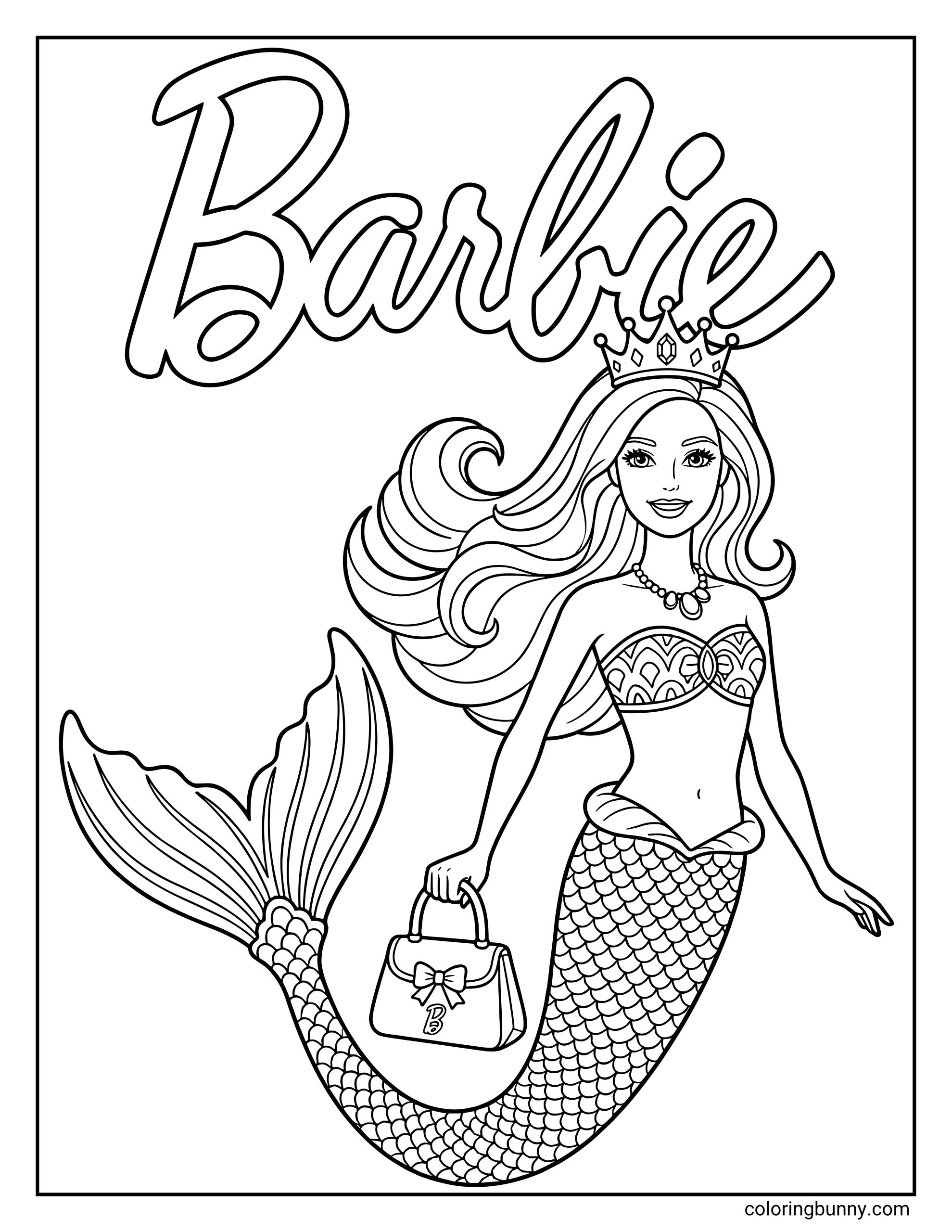 Barbie mermaid coloring page featuring the doll with long wavy hair, a jeweled crown, a beaded necklace, a patterned bandeau top, and a detailed scaly tail with a large ribbed fin, holding a small handbag decorated with a bow and a 'B' logo under a large cursive Barbie title.