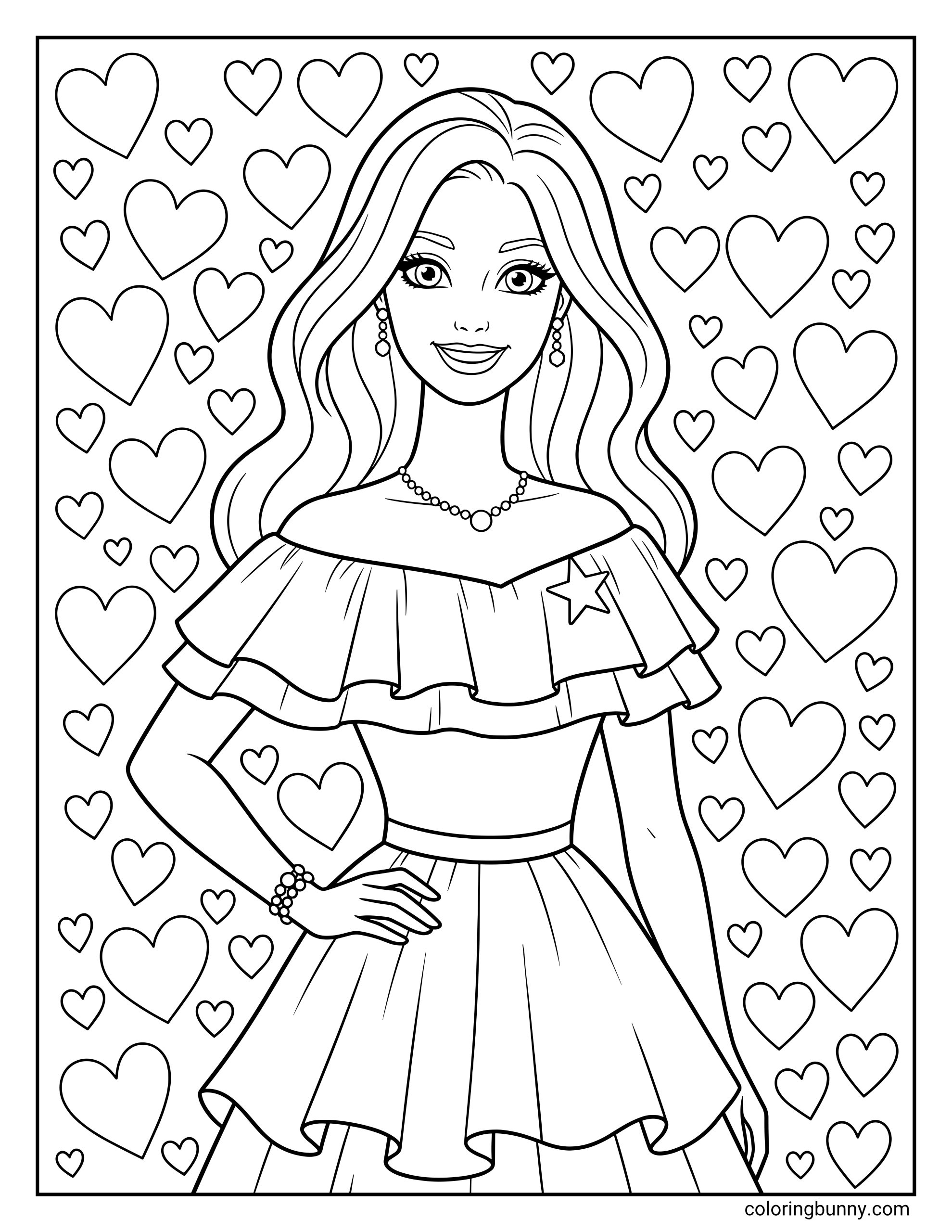 Simple Barbie coloring page featuring a smiling Barbie with long wavy hair wearing a ruffled dress with a star, surrounded by floating hearts.