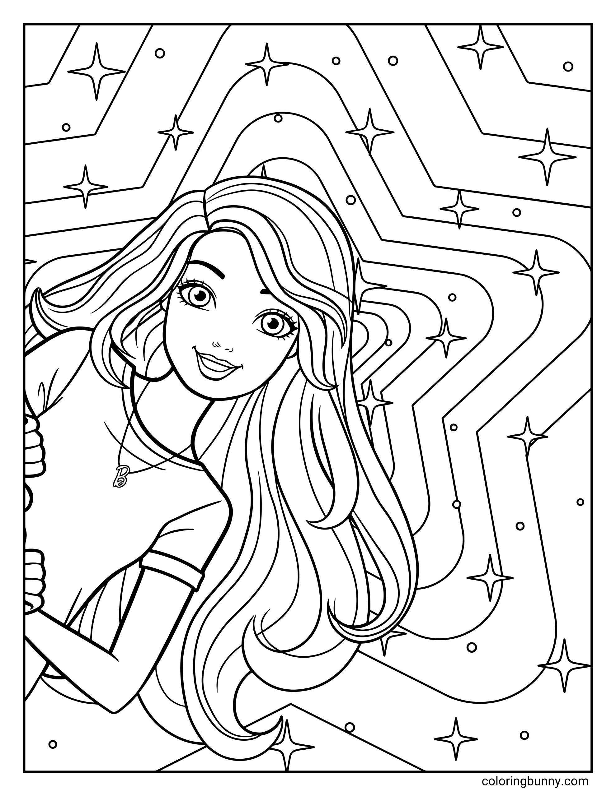 Simple Barbie coloring page for kids featuring a smiling girl with flowing hair, wearing a 'B' pendant necklace, surrounded by twinkling star shapes.
