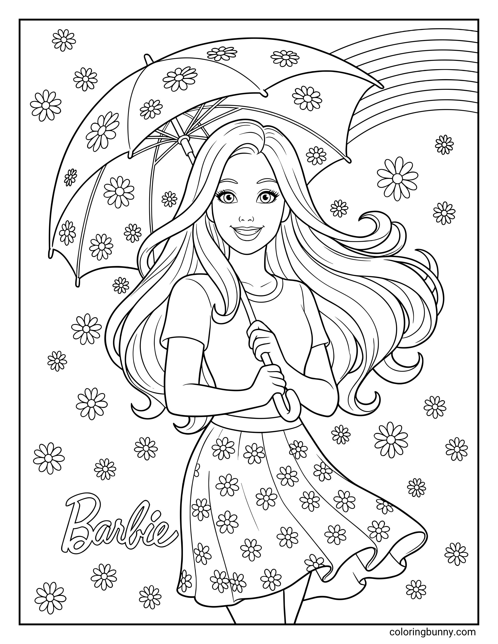 A Barbie coloring page of Barbie smiling and holding a flower-patterned umbrella, with a large rainbow stretching behind her. She has long flowing hair, a floral dress, and daisy flowers scattered all around her.