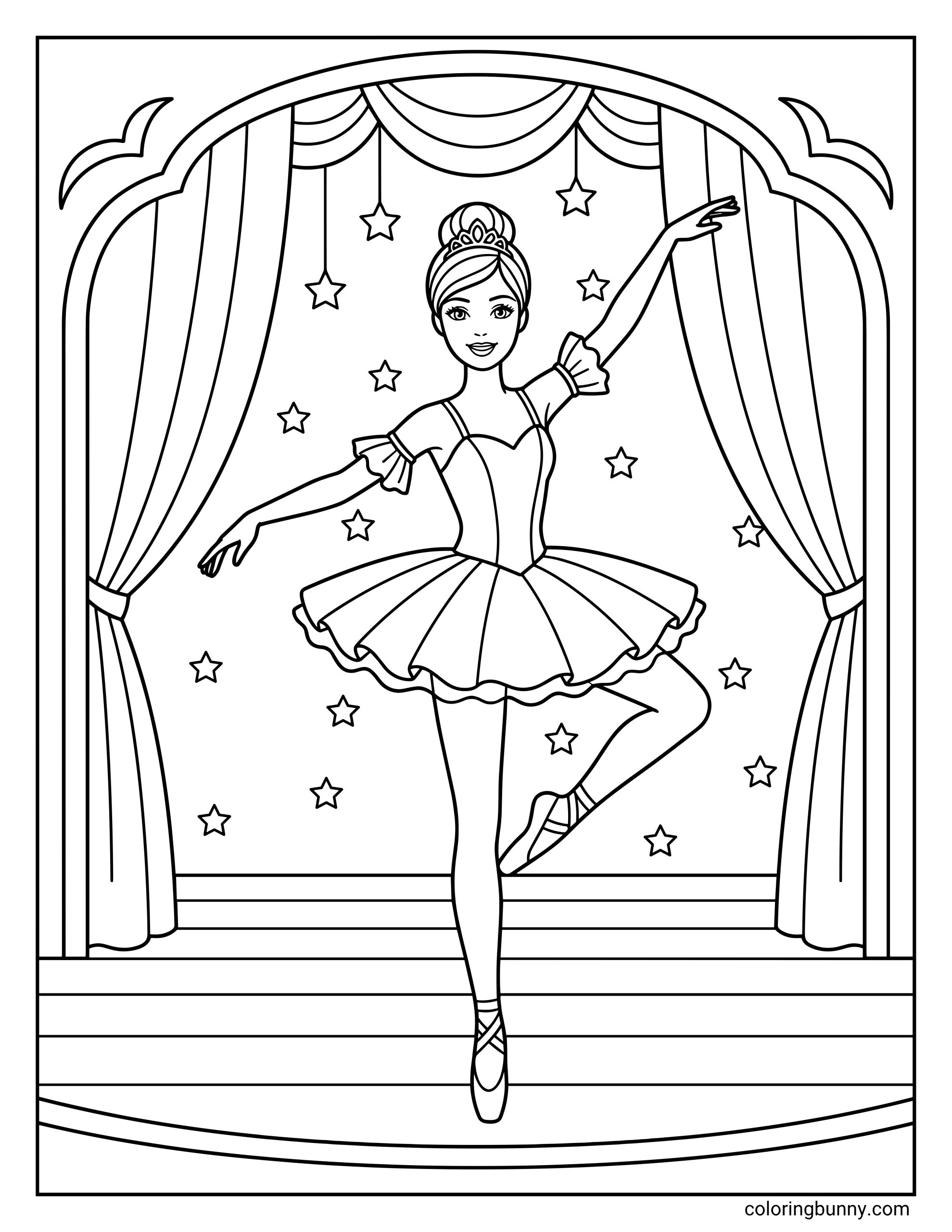 Barbie ballerina coloring page featuring the doll dancing en pointe on a stage with curtains, wearing a tutu, tiara, and pointe shoes among hanging stars.