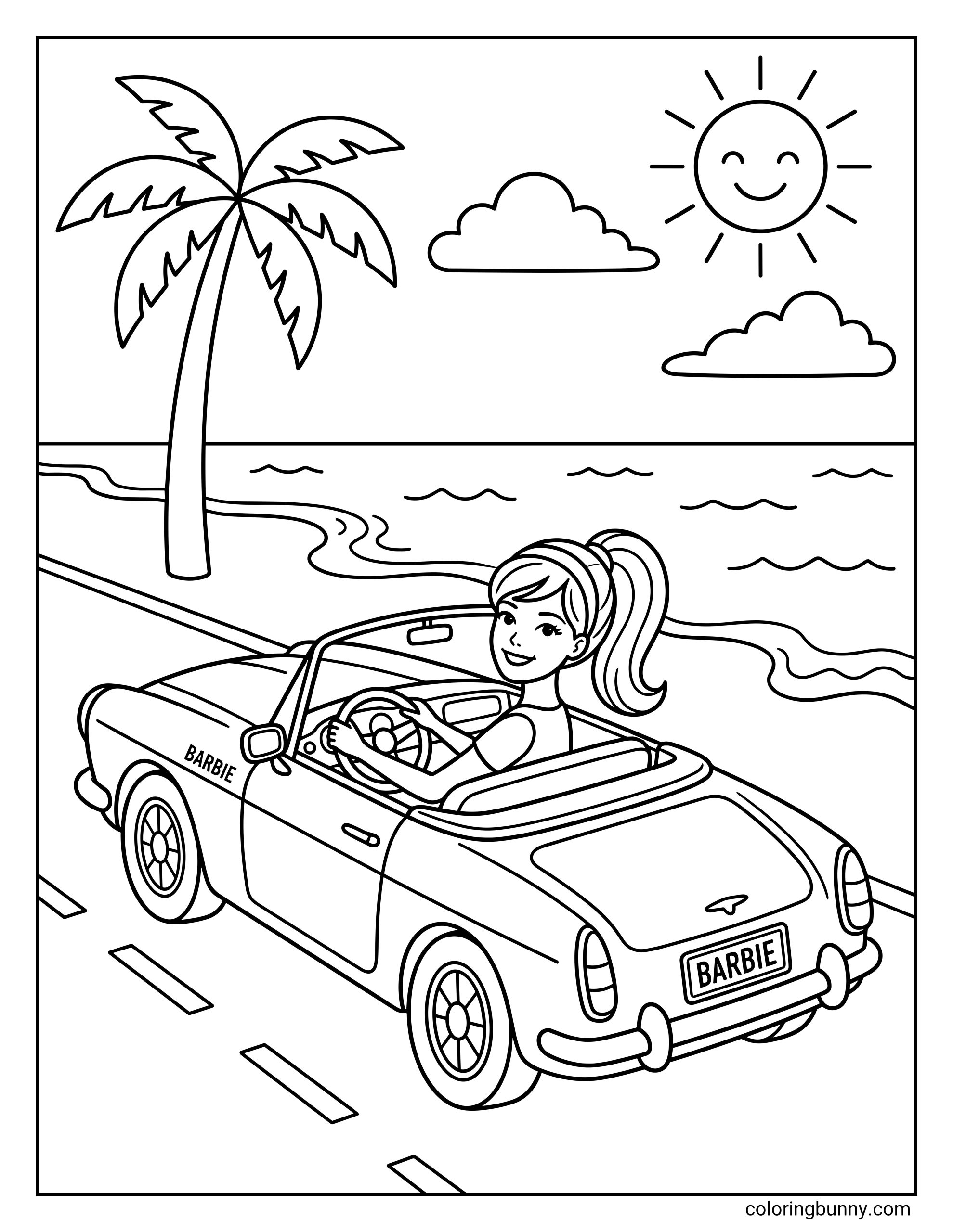 An easy Barbie coloring page featuring Barbie driving a stylish car near the beach under a sunny sky. The ocean stretches behind her, and the road, clouds, and palm tree create a fun vacation-like setting.