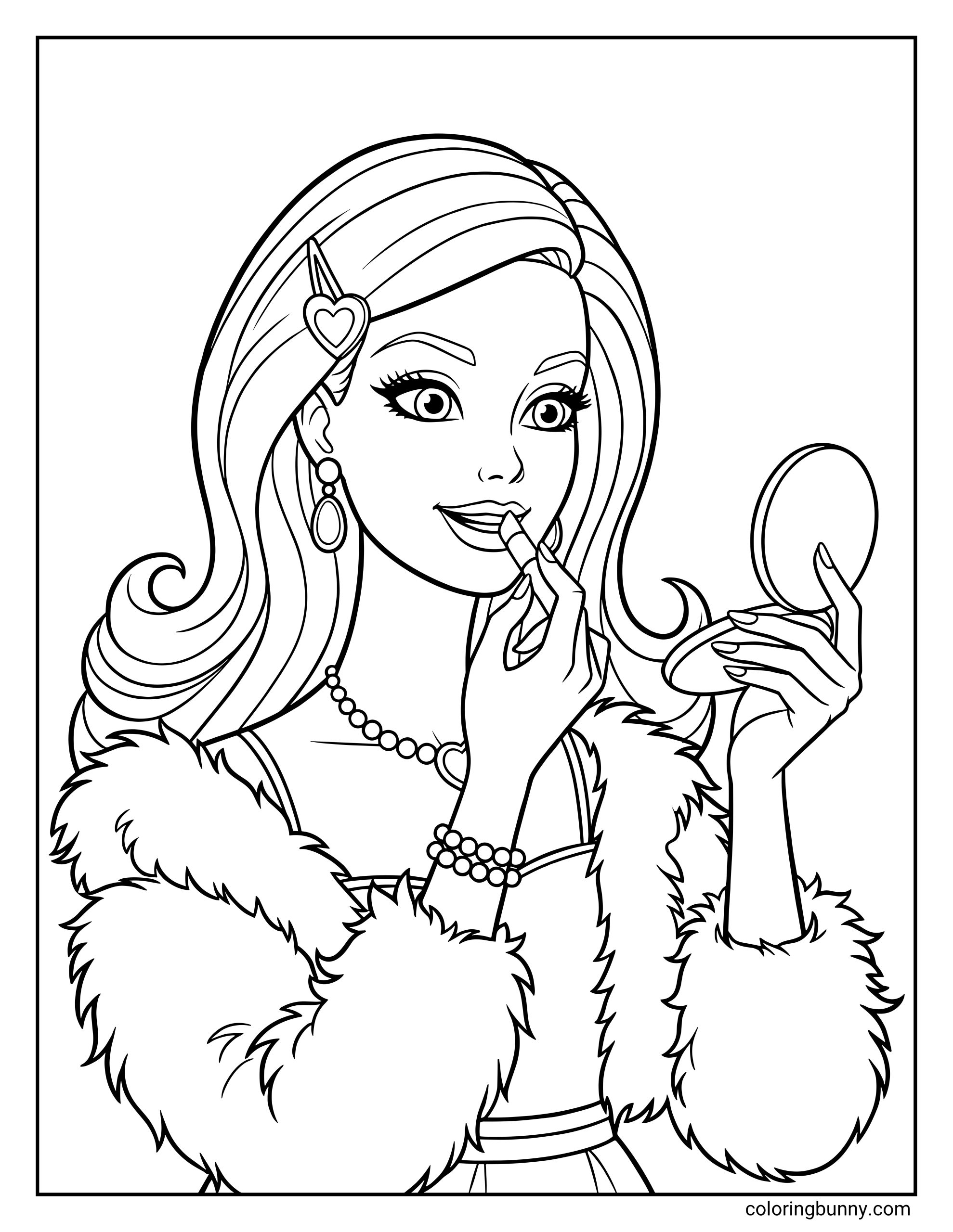 Simple Barbie coloring page for kids featuring the glamorous doll applying lipstick with a compact mirror, wearing a heart hair clip, jewelry, and a furry jacket.