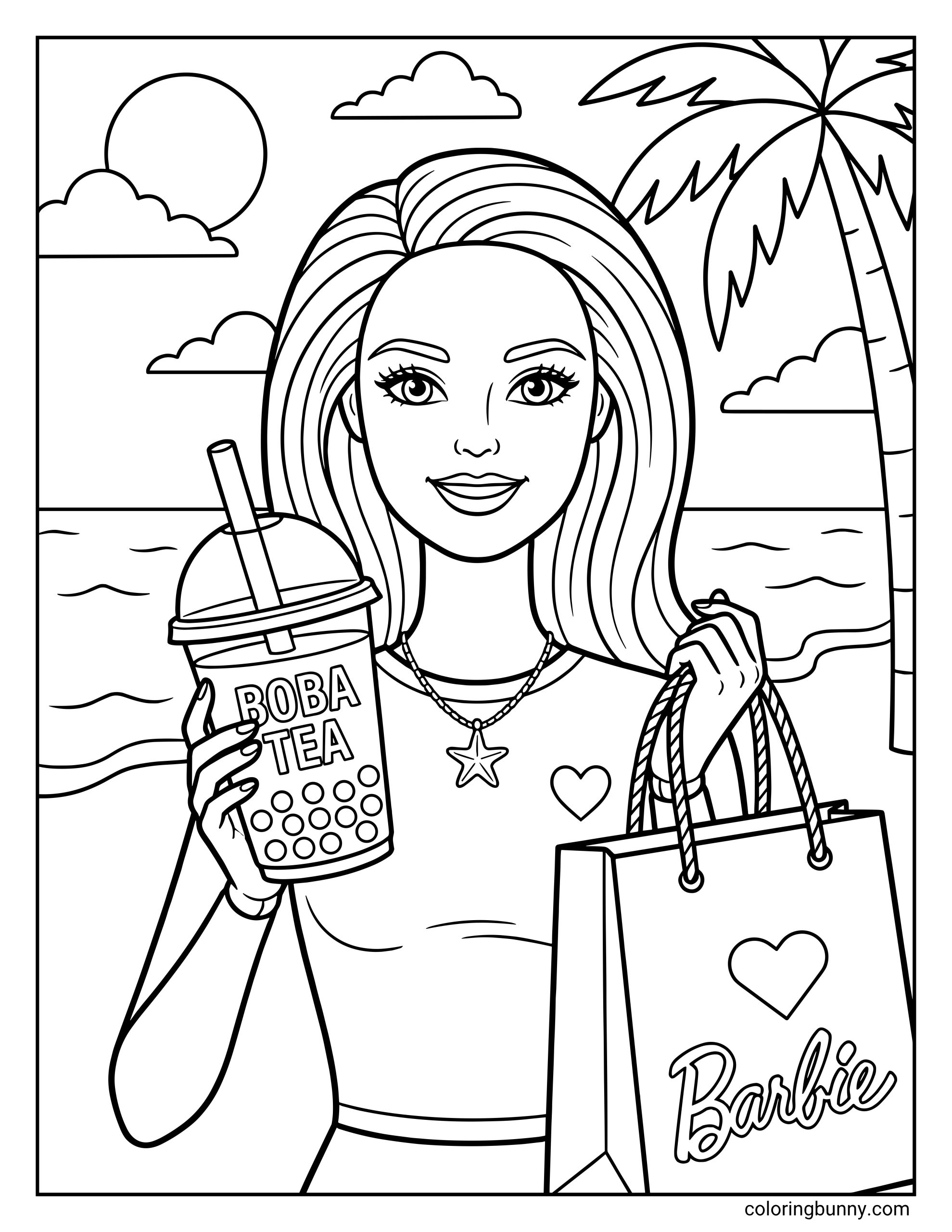 Barbie coloring page featuring the doll on a beach holding a boba tea cup and a shopping bag, wearing a starfish necklace next to a palm tree.