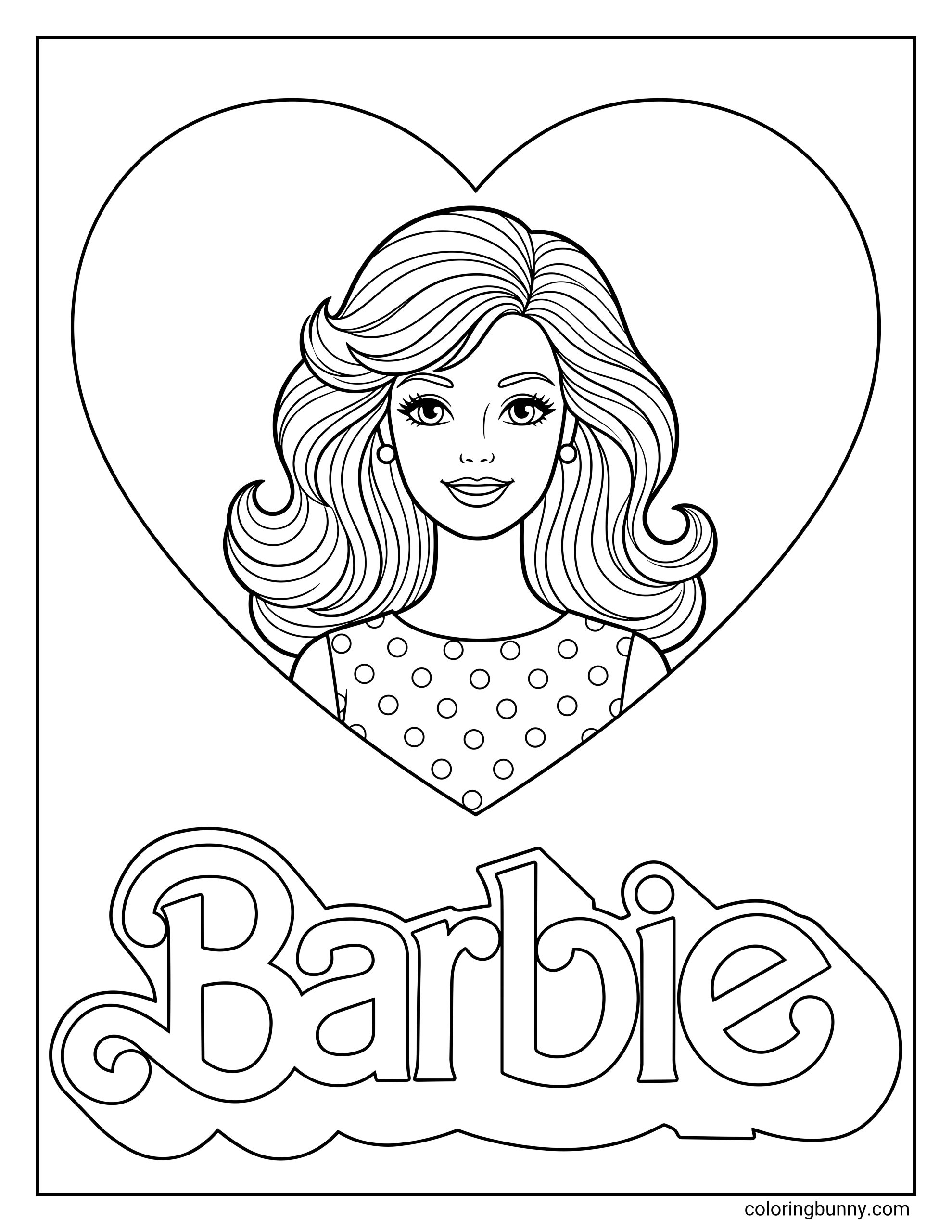 Simple Barbie coloring page for kids featuring a portrait of the doll with a polka dot top framed by a heart, above the classic Barbie logo.