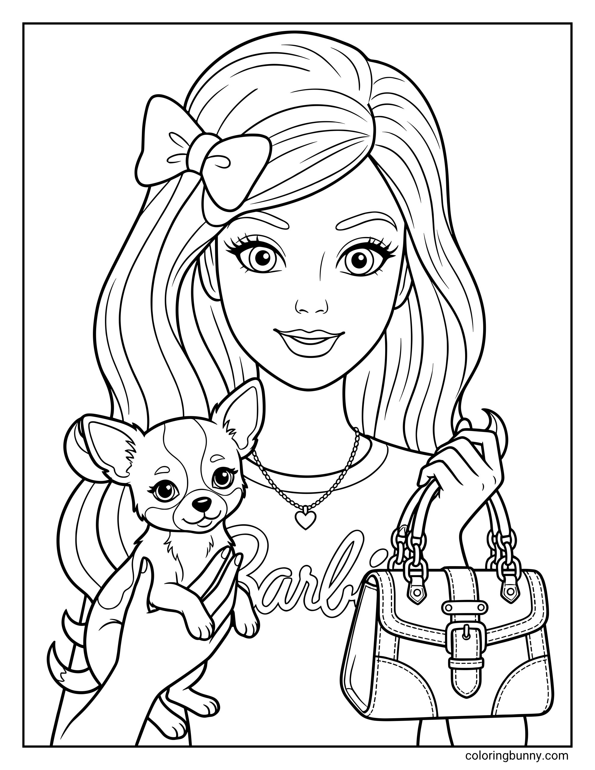 Barbie dog coloring page featuring the smiling doll with a hair bow and heart necklace, holding a small dog and a buckled handbag.