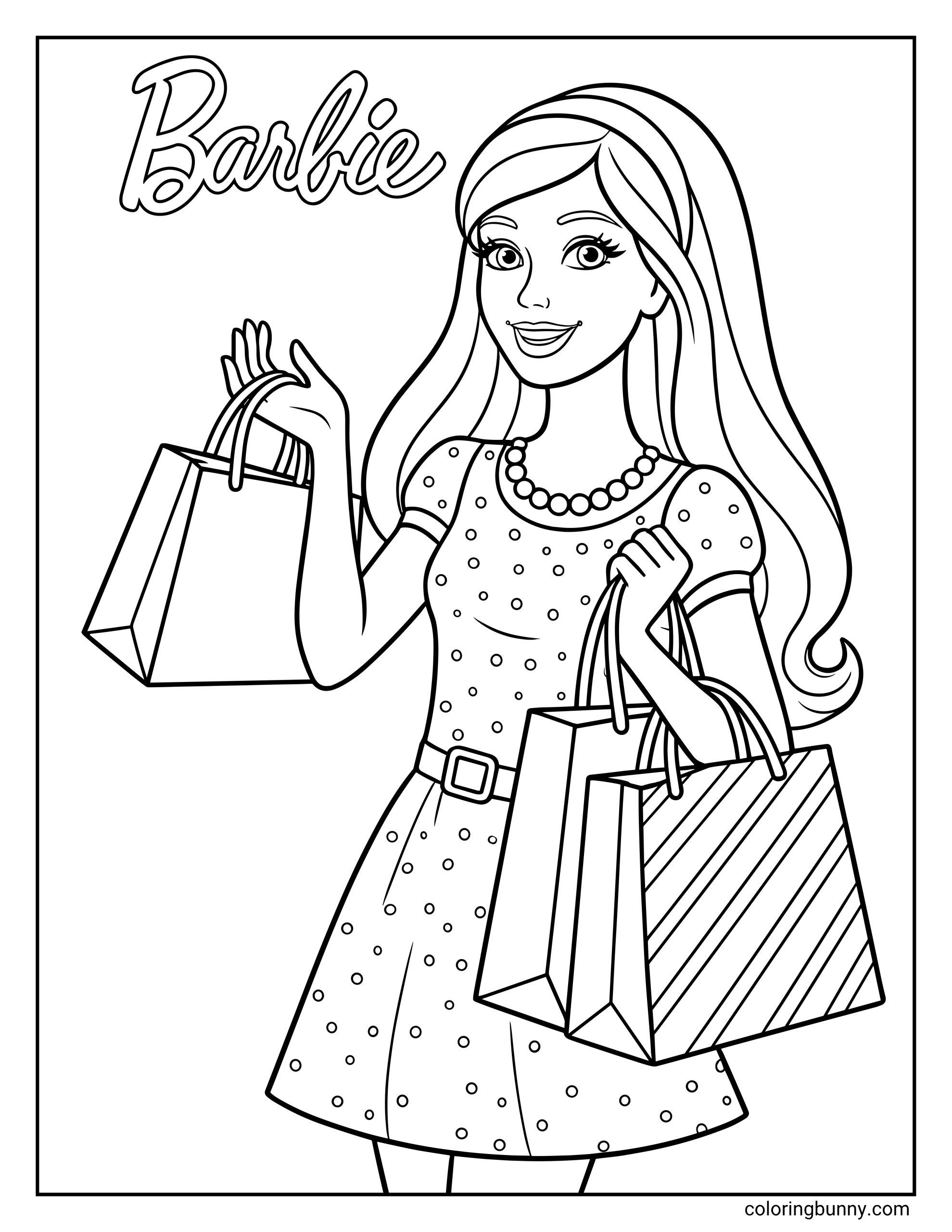Barbie coloring page featuring the smiling doll in a belted polka dot dress and headband, holding three shopping bags next to a cursive 'Barbie' logo.