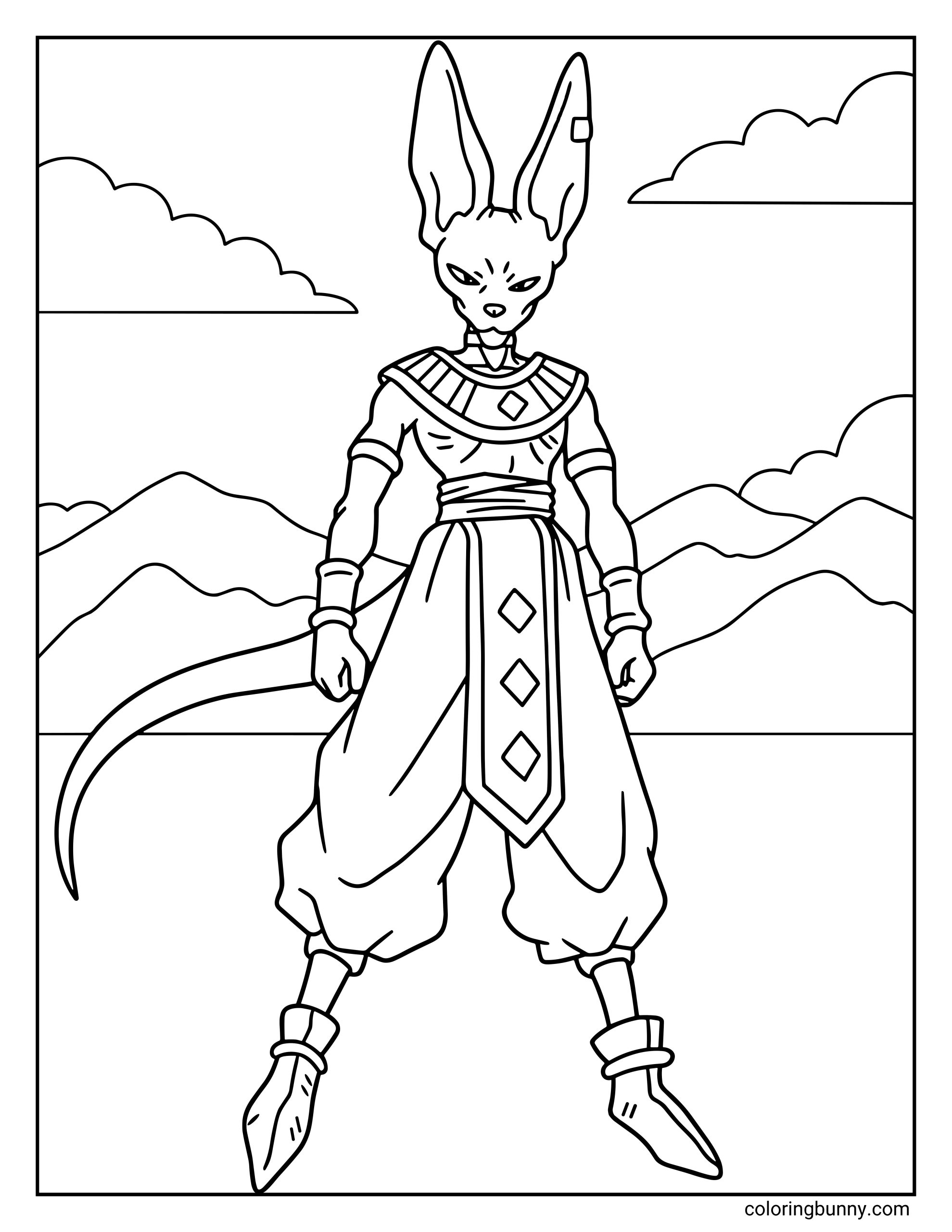 A Dragon Ball coloring page featuring Beerus, the God of Destruction, standing calmly with his long ears and tail visible. The powerful deity stands in his traditional outfit with mountains and clouds in the background.