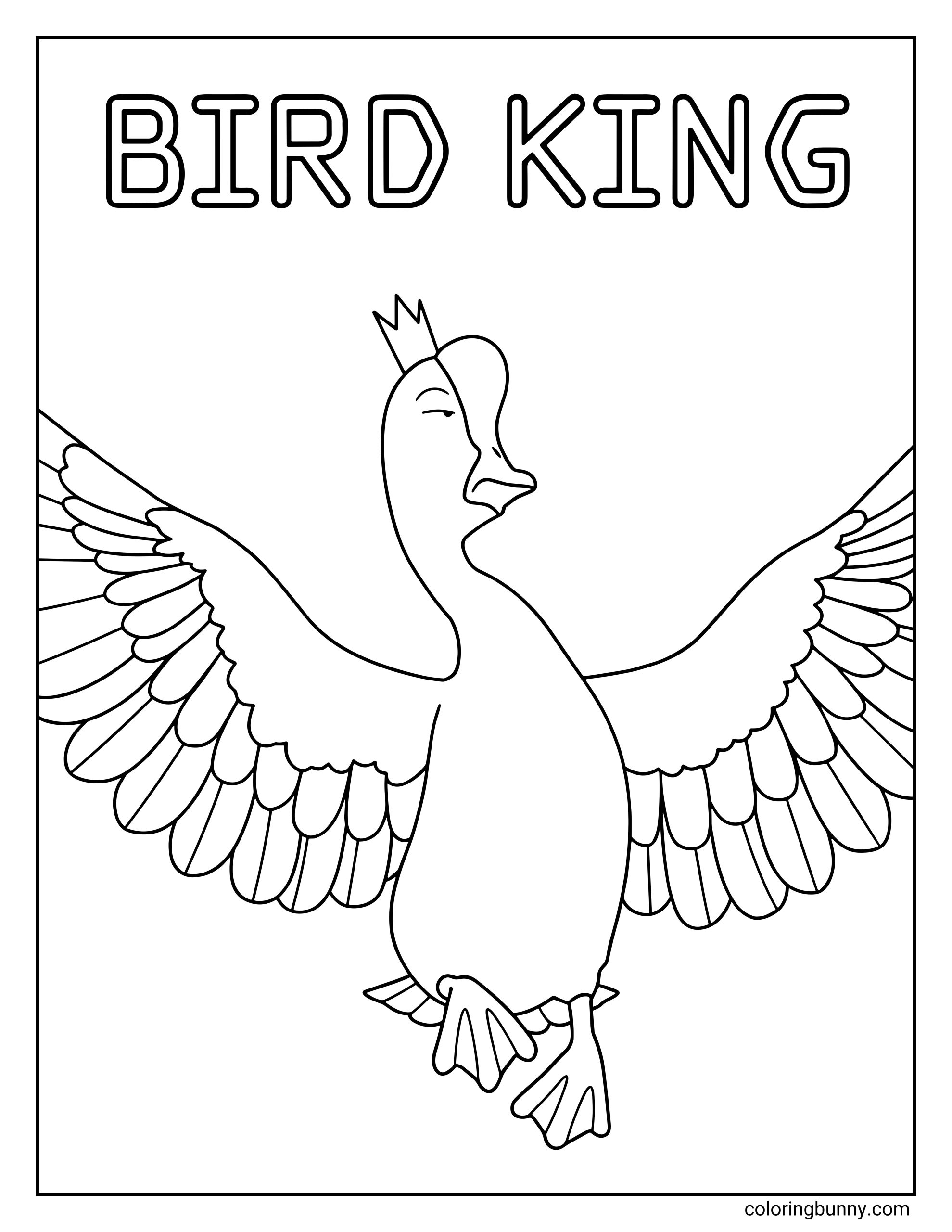 A Hoppers coloring page featuring the Bird King standing proudly with his wings spread wide and a crown on his head. The title “Bird King” appears above him as the large bird lifts one foot and displays layered feathers across his wings.