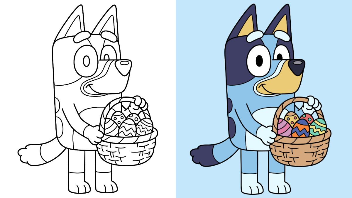 Bluey Easter Coloring Pages with Bluey holding a basket of Easter Eggs