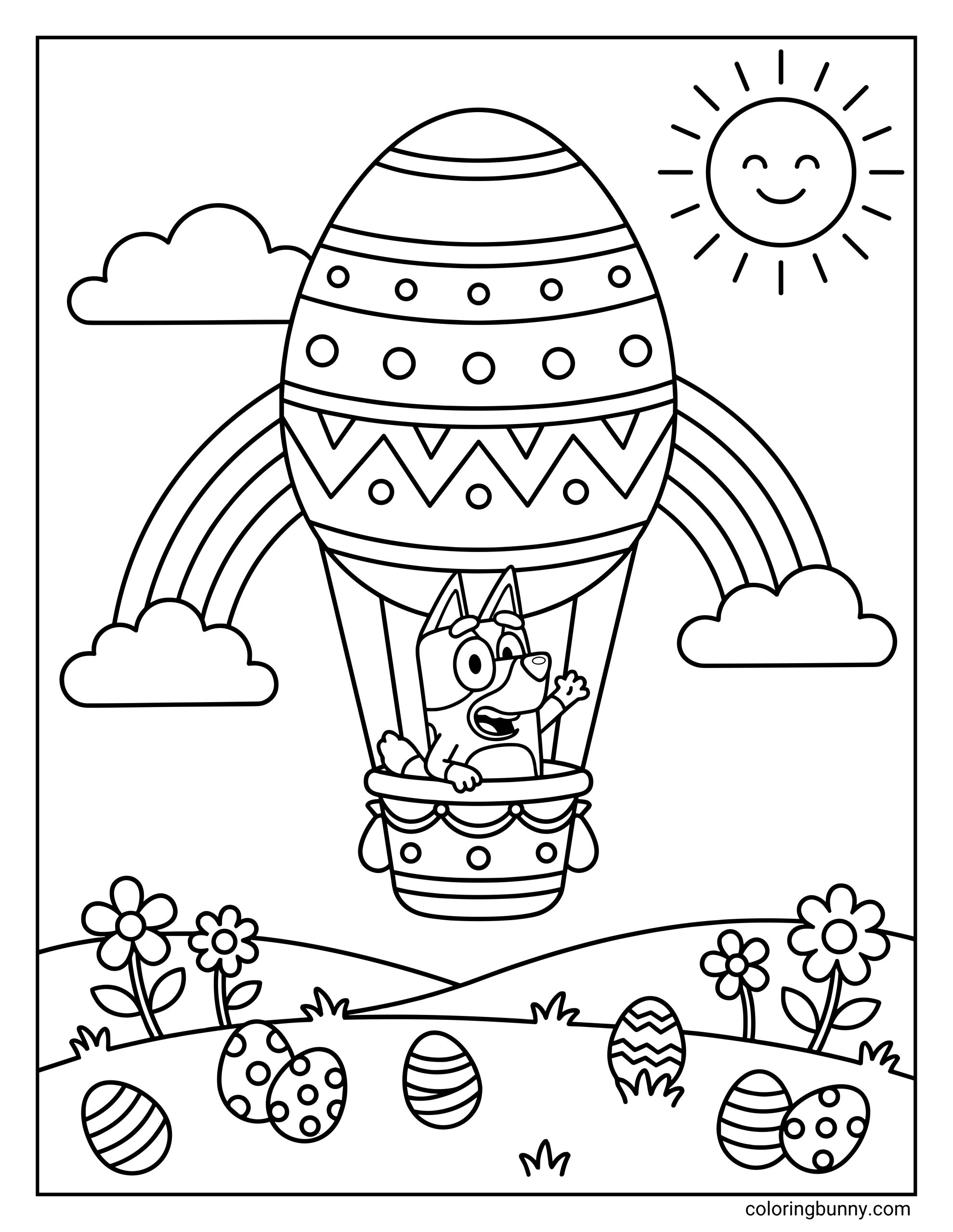A Bluey Easter coloring sheet featuring Bluey in a basket under a big patterned Easter egg balloon, soaring over a cheerful spring landscape with flowers, clouds, a rainbow, sunshine, and Easter eggs on the ground.