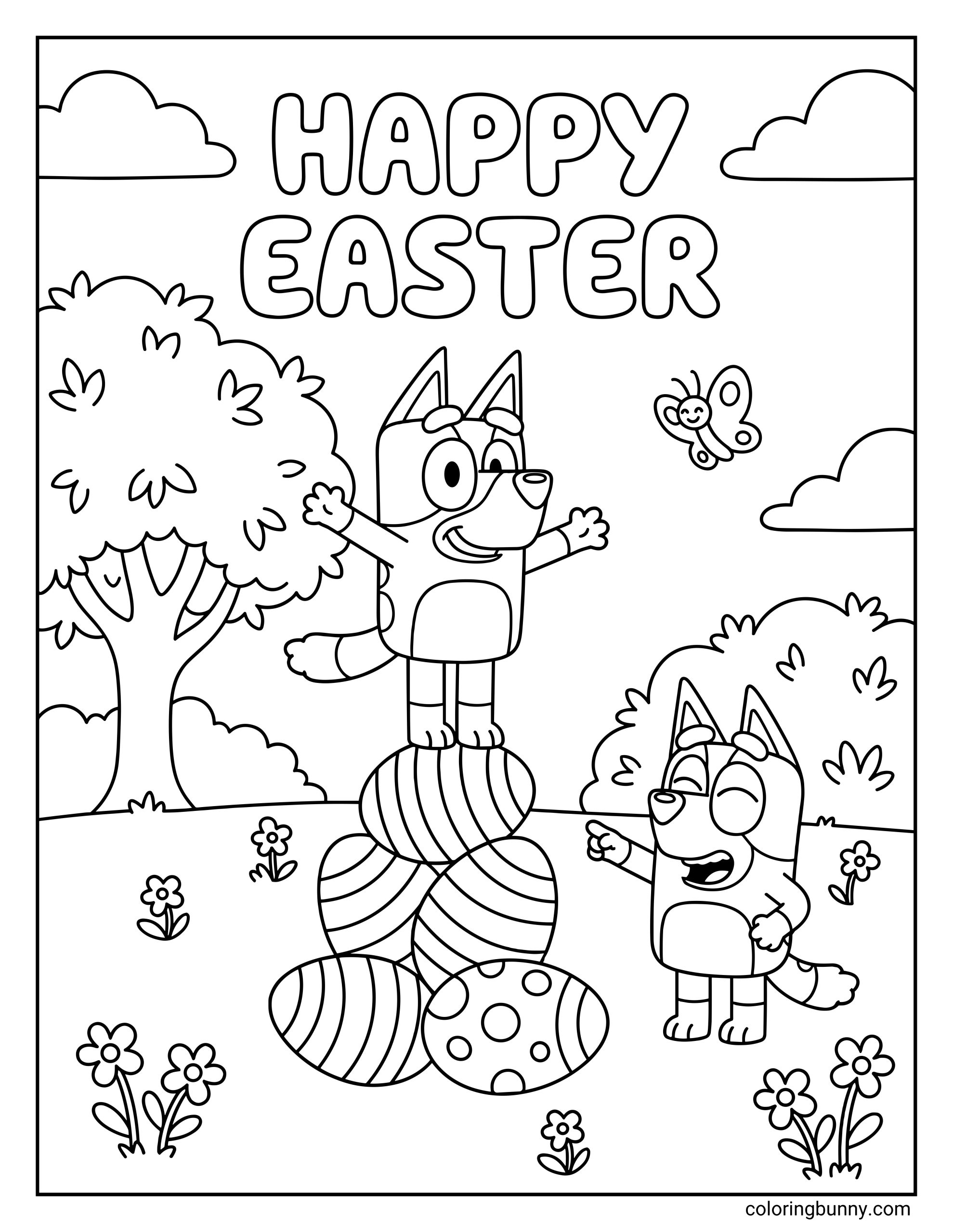A Bluey Easter coloring page showing Bluey standing on top of a tall stack of decorated Easter eggs while Bingo points up from the ground, with βHappy Easterβ written in large letters at the top and trees, flowers, clouds, and a butterfly around the scene.