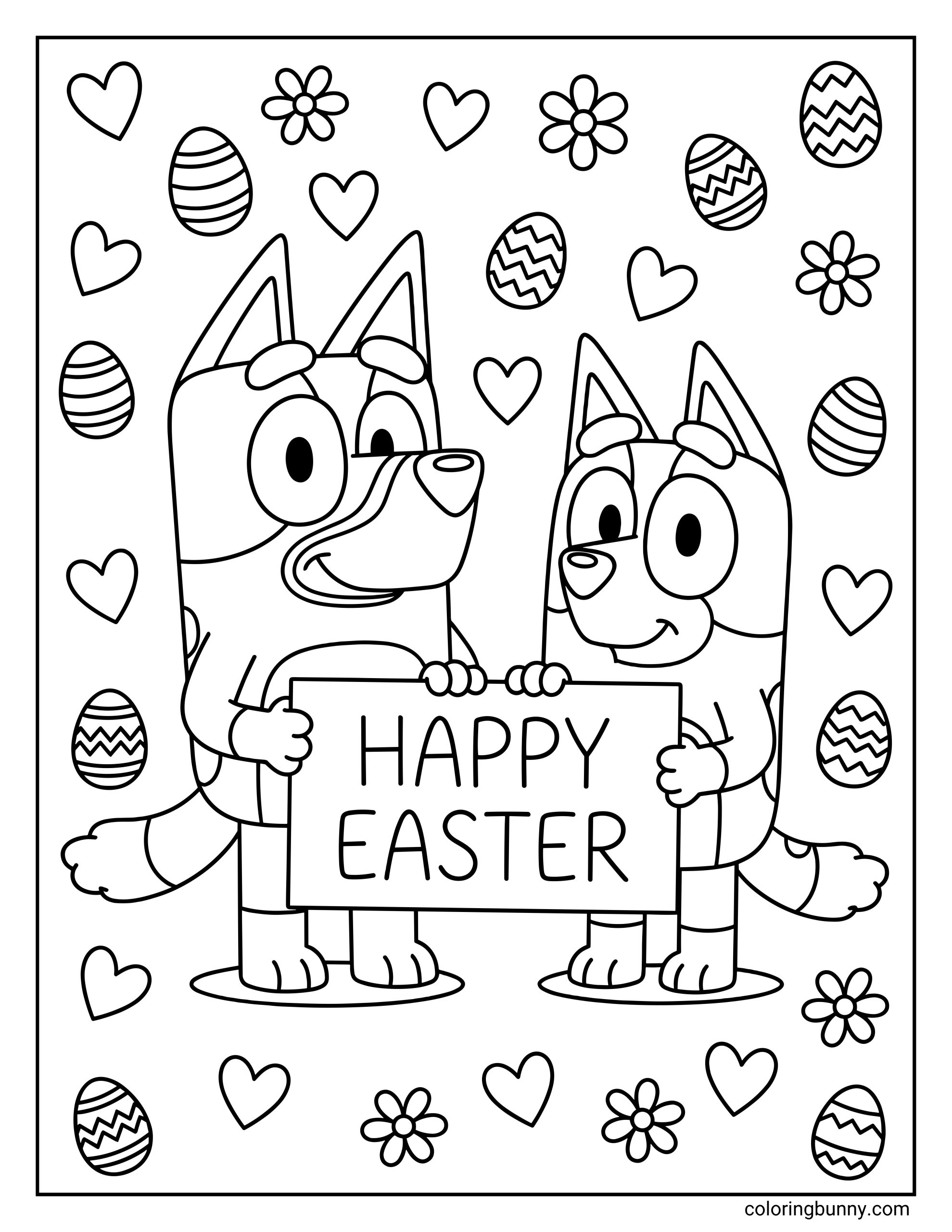 A coloring page of Bluey and Bingo holding a large βHappy Easterβ sign, with Easter eggs, flowers, and heart shapes spread from top to bottom around the two characters.