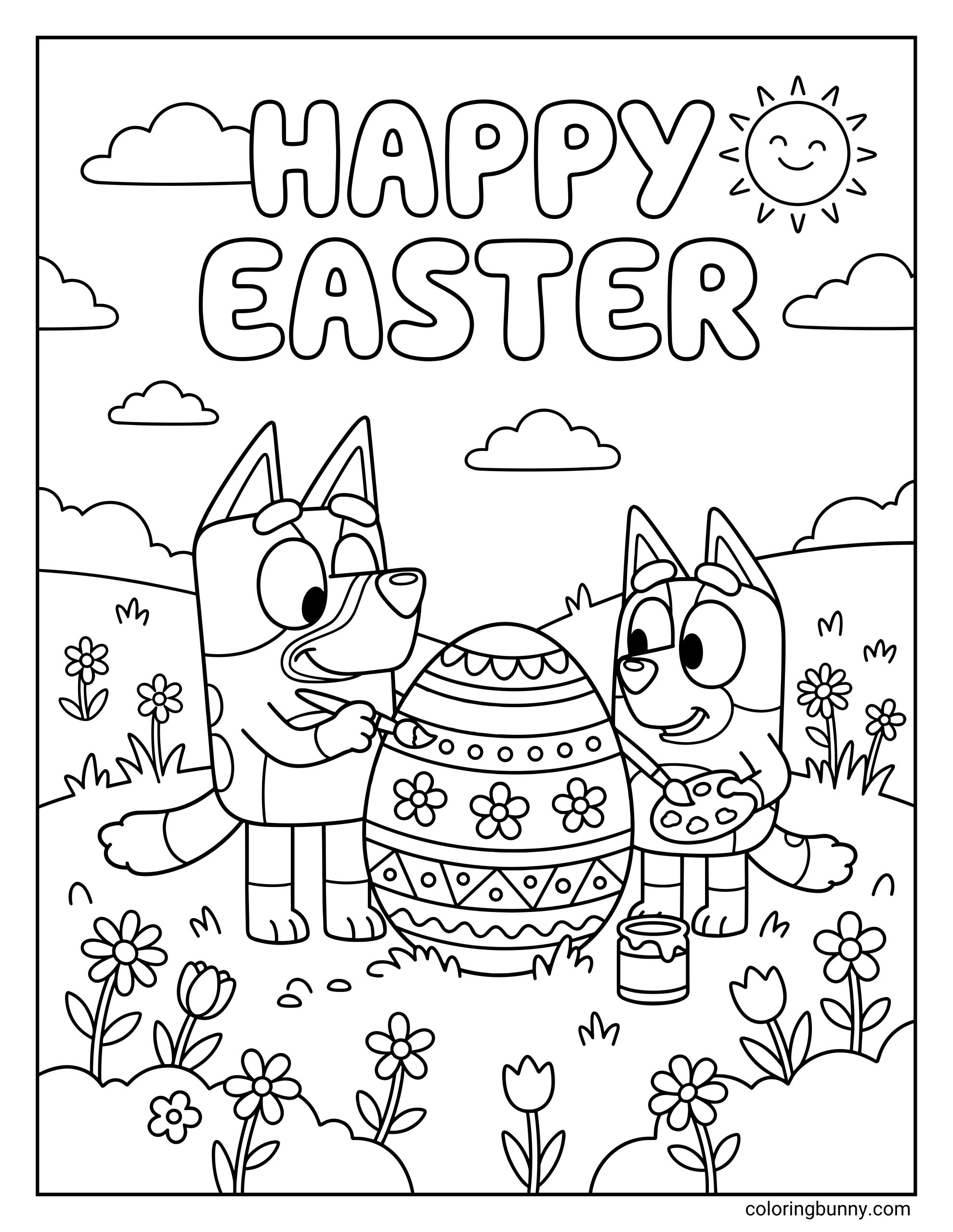 A Bluey and Bingo Easter coloring sheet featuring the two sisters coloring a big patterned Easter egg, with paintbrushes, a paint pot, flowers, clouds, and a cheerful βHappy Easterβ heading in the design.
