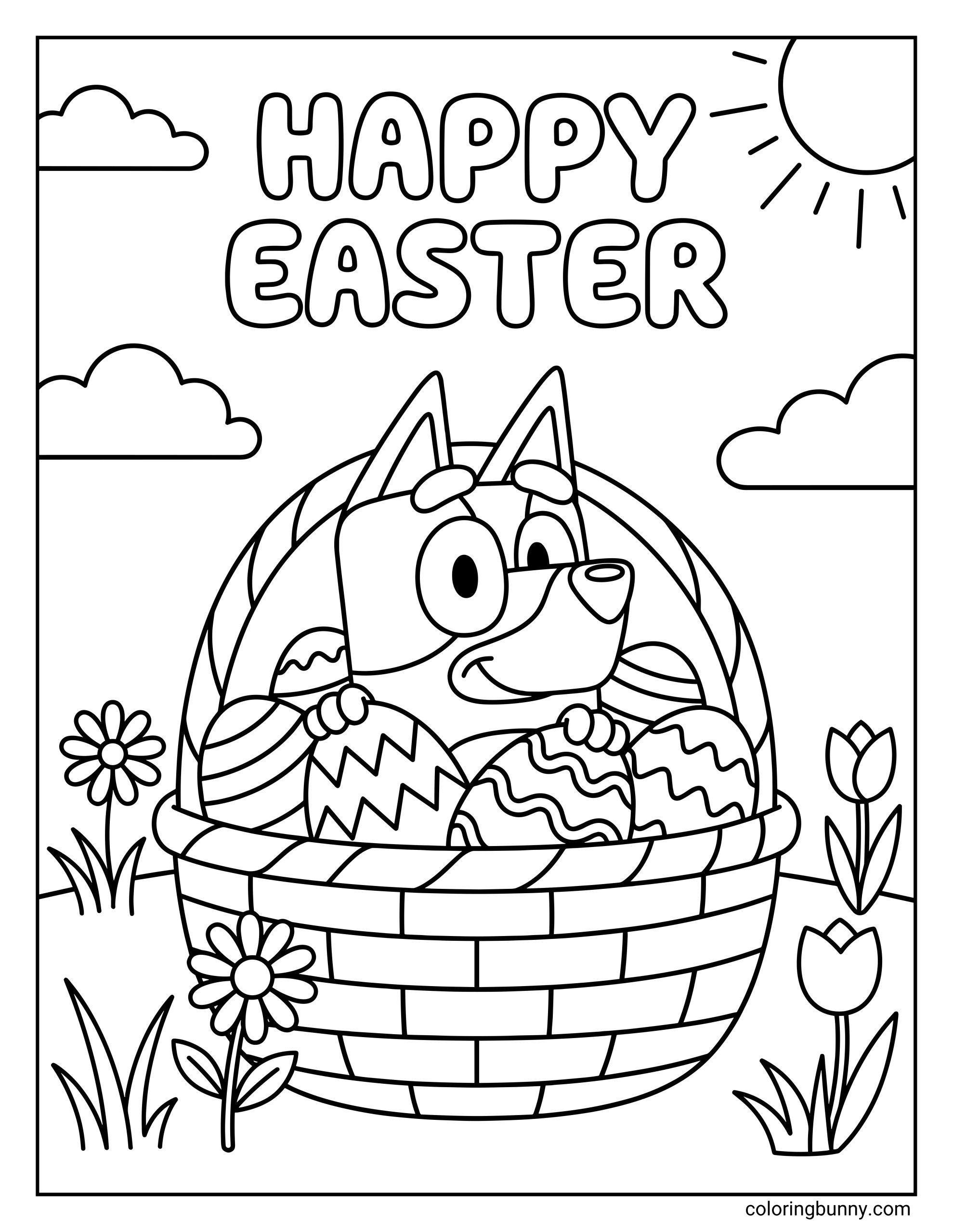 A coloring page of Bluey sitting inside a woven Easter basket surrounded by decorated eggs, with the words βHappy Easterβ at the top and simple flowers, clouds, and a sun in the design.