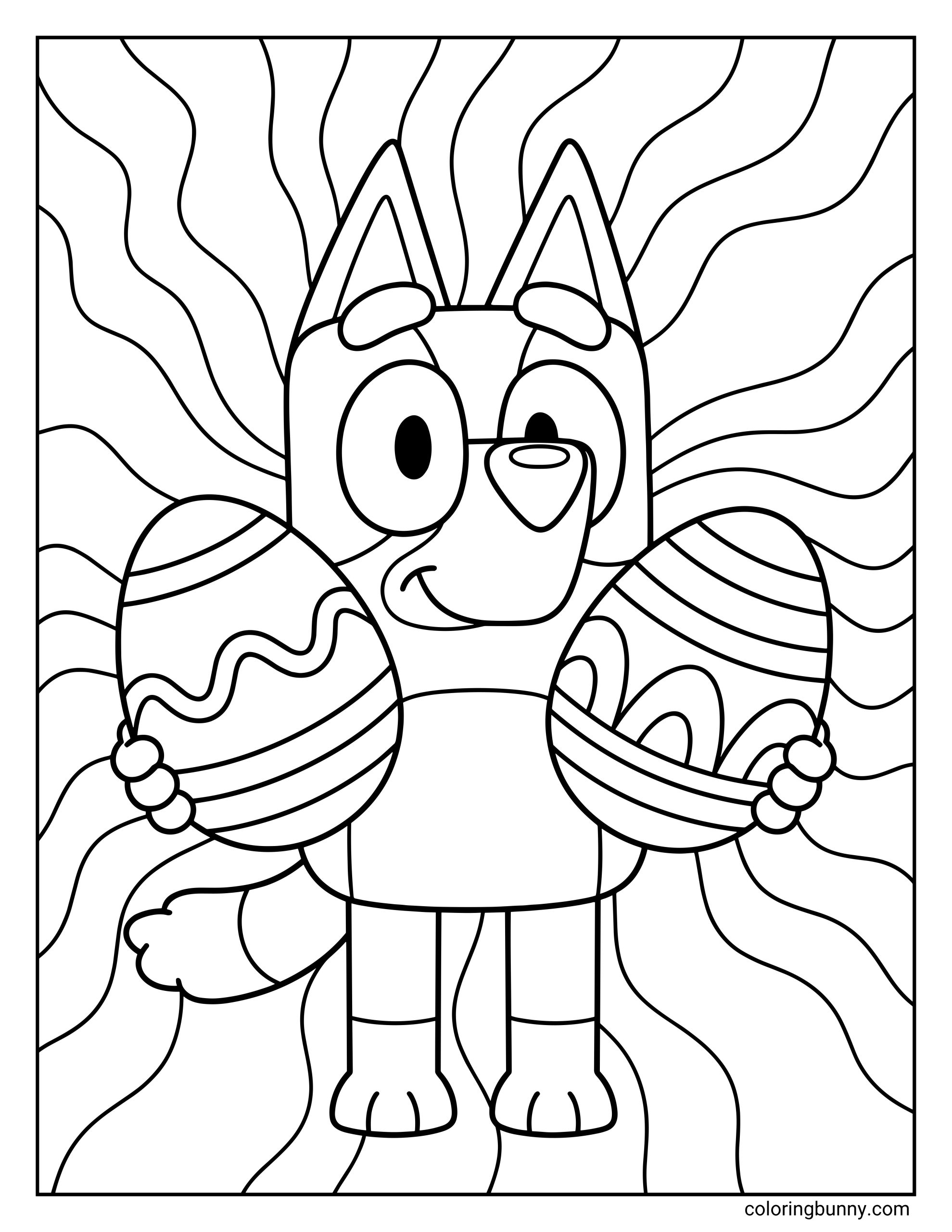 A coloring sheet of Bluey holding a patterned Easter egg in each hand, with bold cartoon outlines, a happy expression, and a flowing wavy background across the whole page.