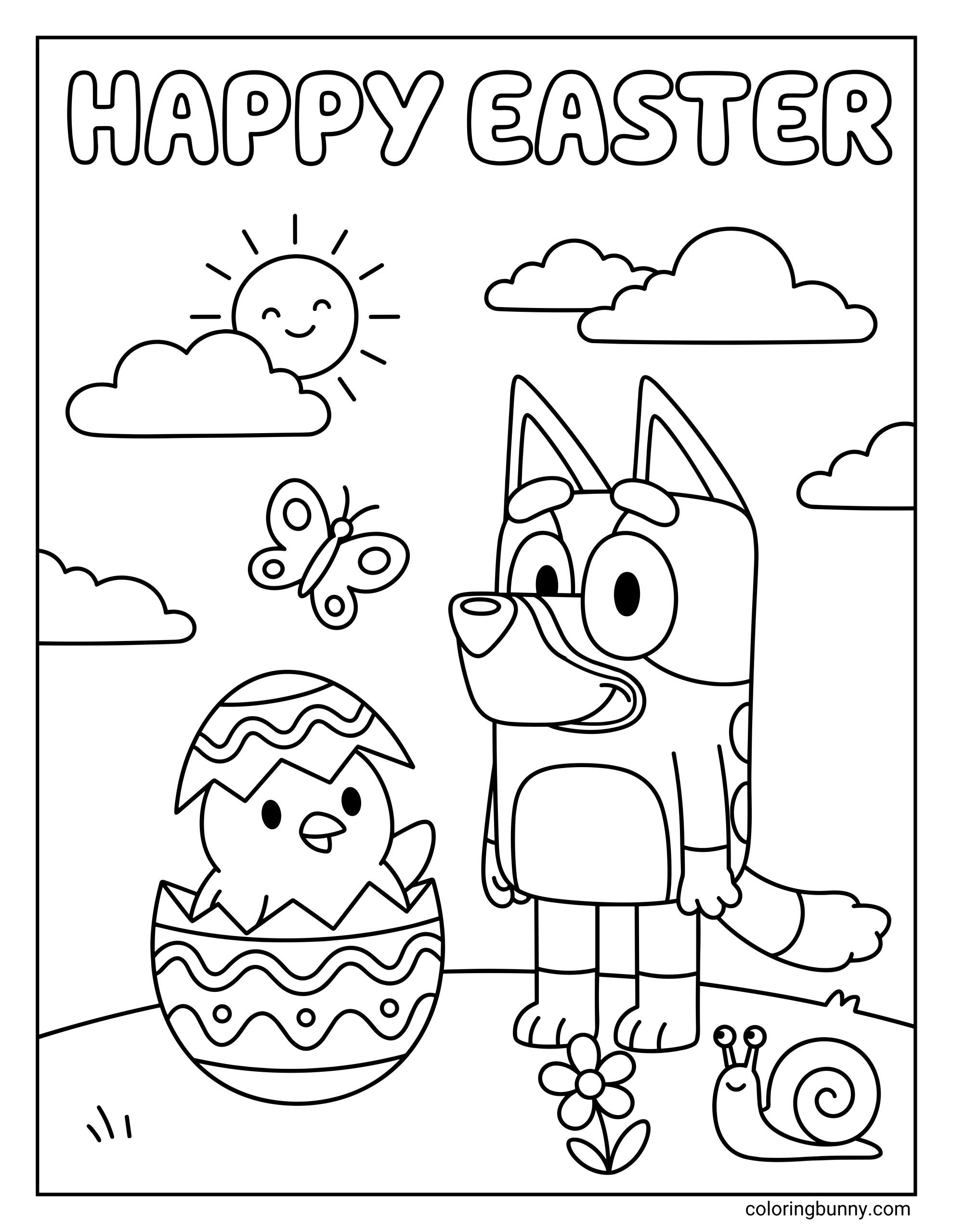 A coloring sheet of Bluey standing next to a baby chick popping out of a patterned Easter egg, with a βHappy Easterβ heading above and simple spring details like clouds, sunshine, a butterfly, a flower, and a snail around the scene.