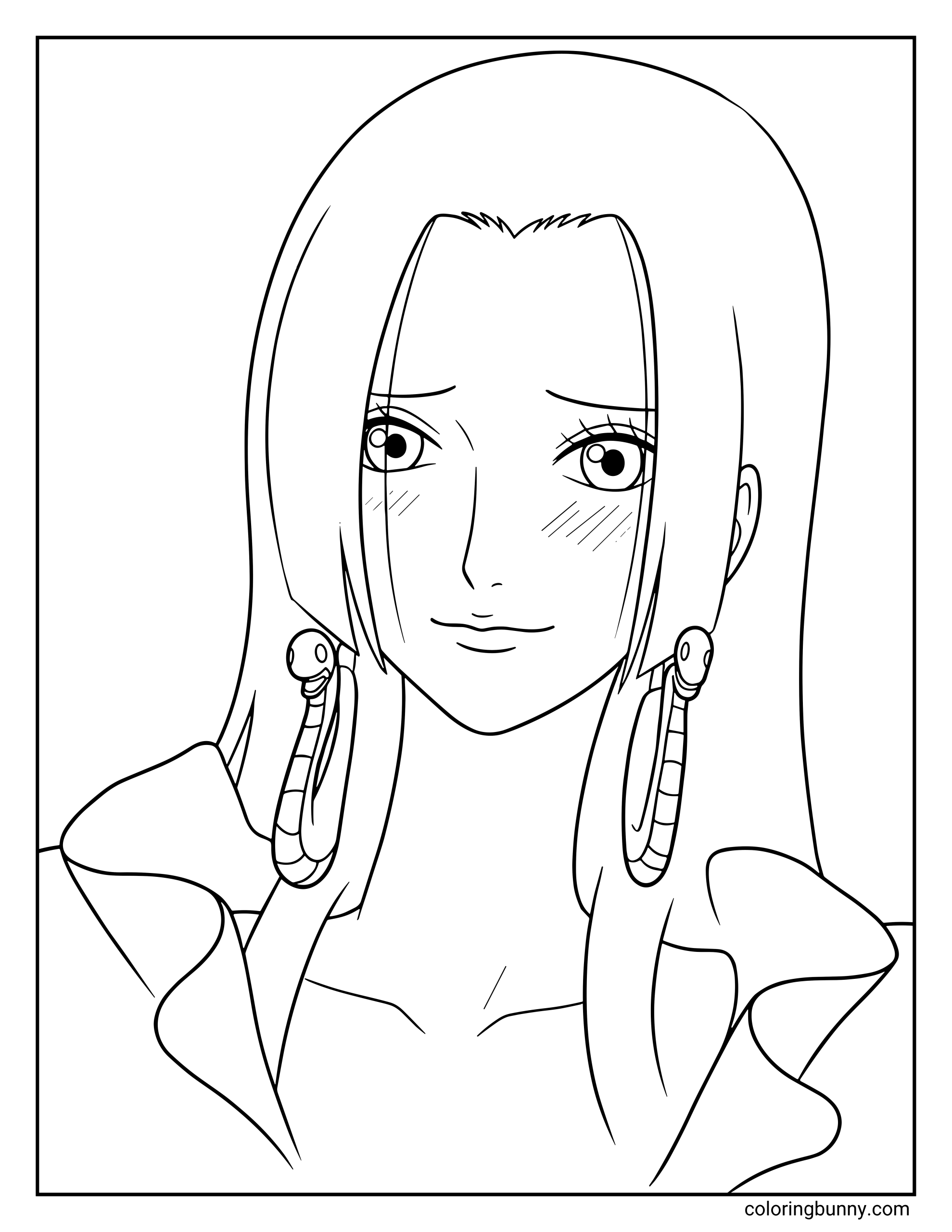 A Boa Hancock One Piece coloring page showing the Pirate Empress looking elegant with a calm, confident expression. With her long flowing hair, snake-shaped earrings, and graceful posture, Hancock stands as the powerful captain of the Kuja Pirates.