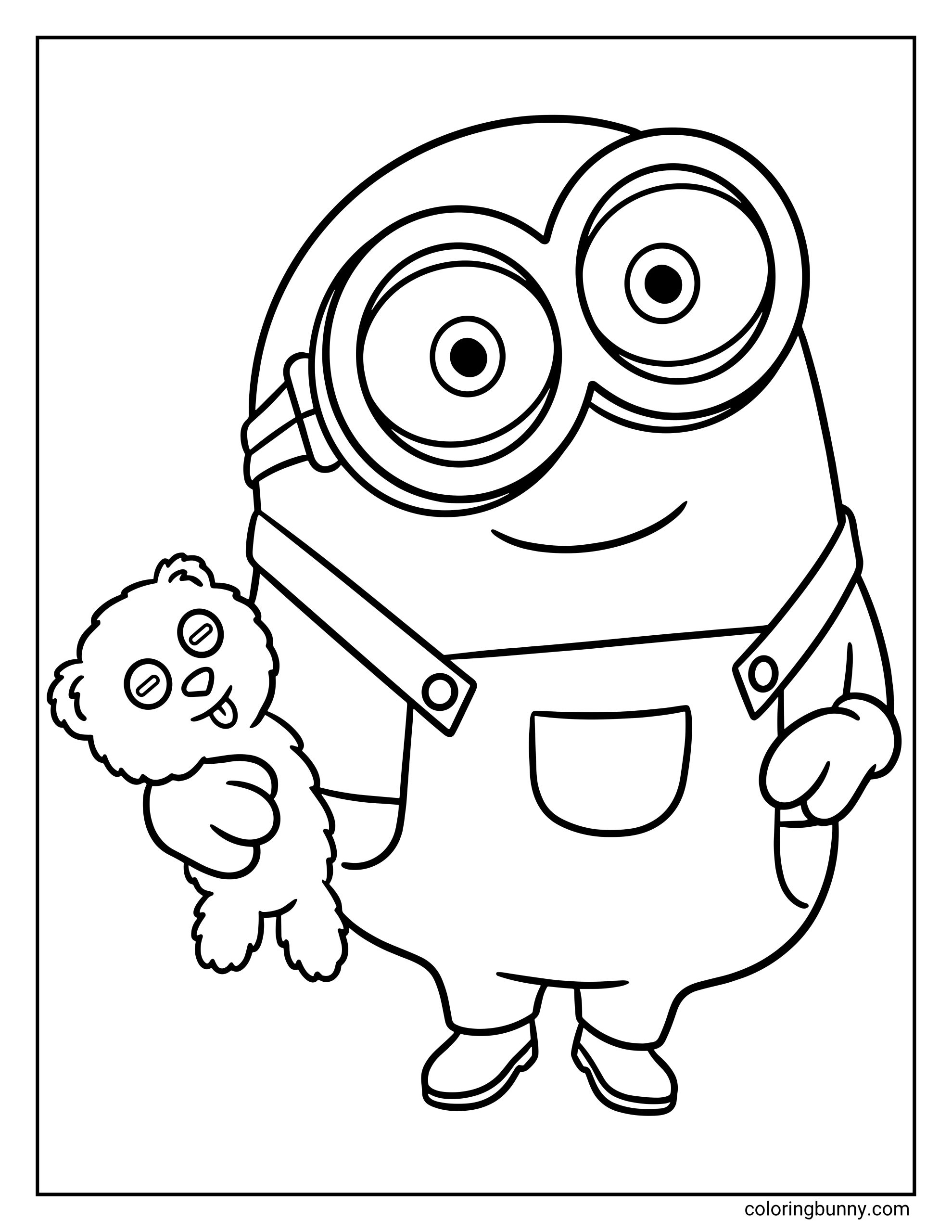 A Minion coloring page featuring Bob, the two-eyed Minion, smiling while holding his teddy bear Tim. He wears his overalls, gloves, and goggles, and stands happily with his favorite teddy in his hand.