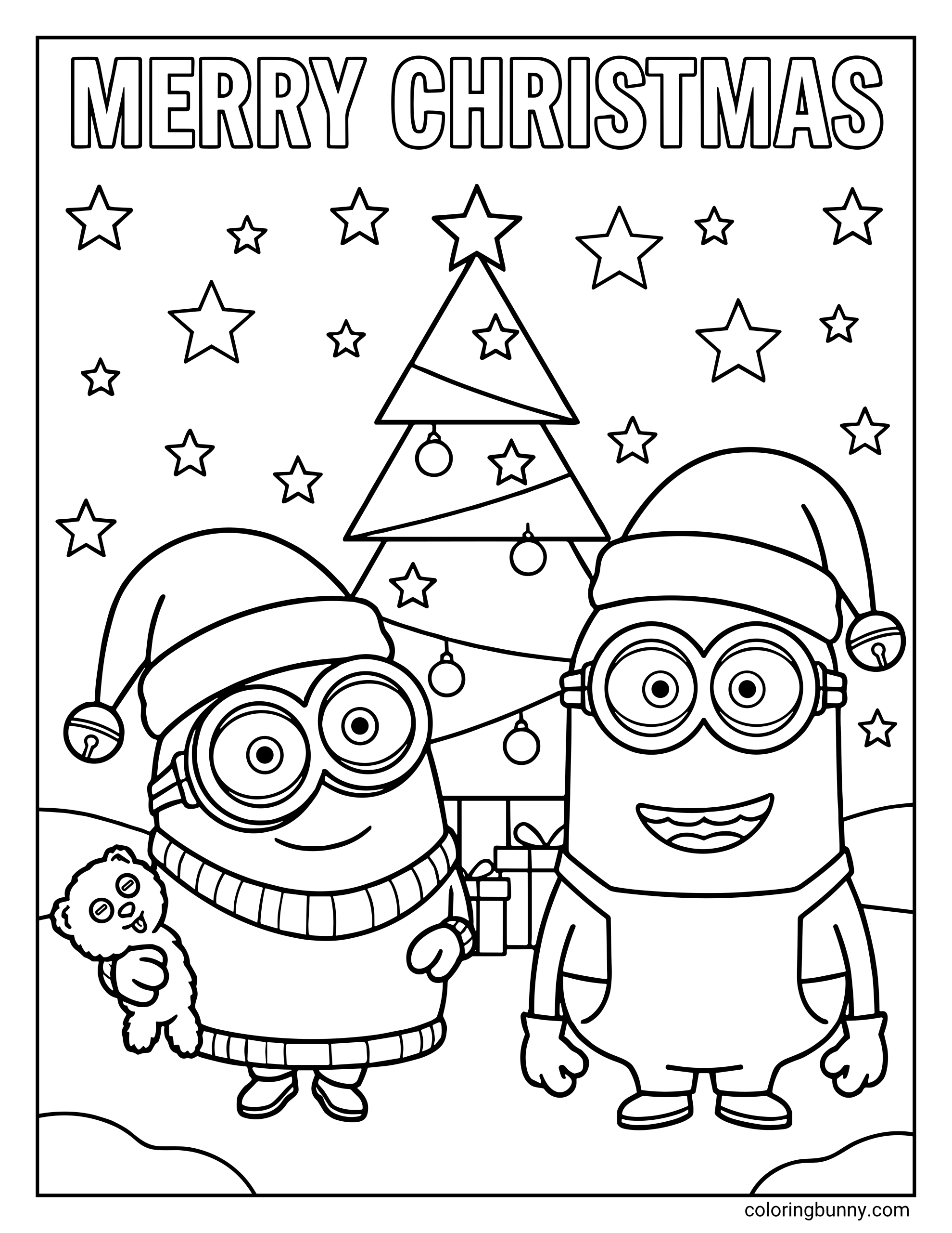 A Minions Christmas coloring page featuring Bob and Stuart wearing Santa hats and standing in front of a decorated Christmas tree with presents. Bob holds his teddy bear while both Minions smile under a “Merry Christmas” sign with stars in the sky.
