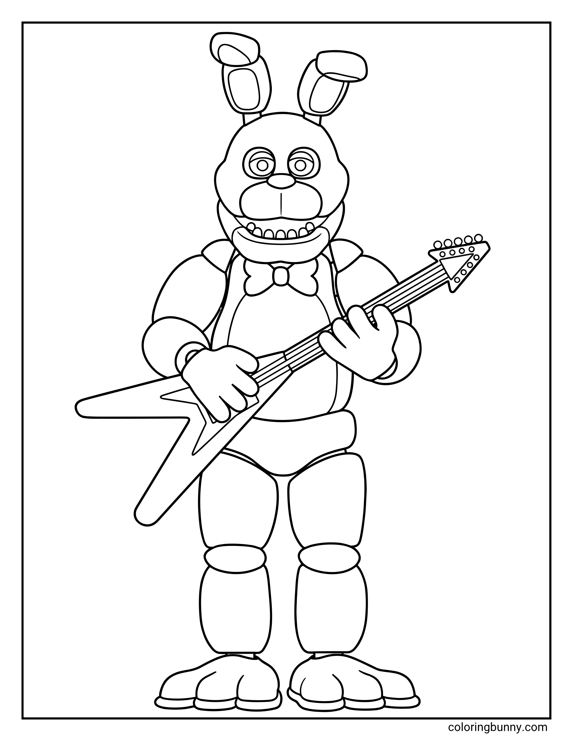 Five Nights at Freddyβs Bonnie coloring page showing Bonnie the animatronic bunny standing upright and holding a guitar