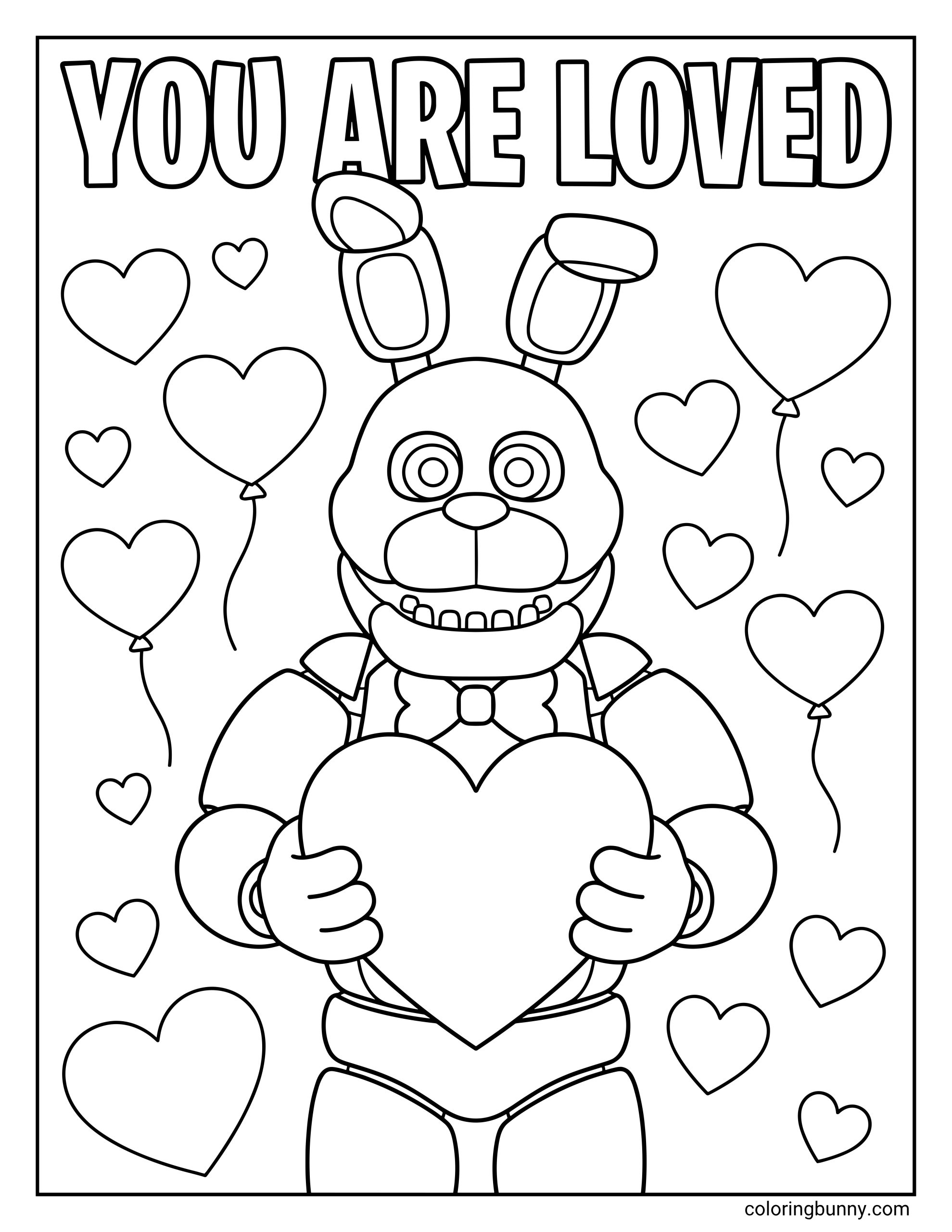 Simple FNAF Valentine's Day coloring page for kids featuring Bonnie with a bow tie holding a large heart next to floating hearts and heart-shaped balloons, and a 'YOU ARE LOVED' banner