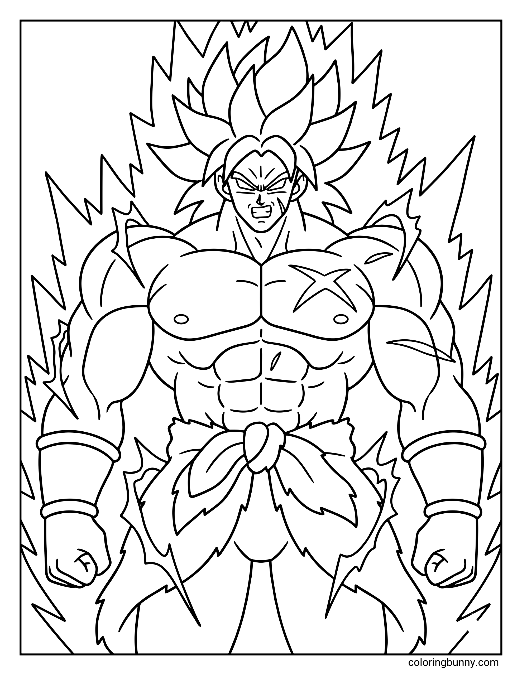 A Dragon Ball Z coloring page featuring Broly standing in his Legendary Super Saiyan form with massive muscles and a powerful energy aura surrounding him. The Saiyan warrior clenches his fists as lightning-like energy bursts around him.